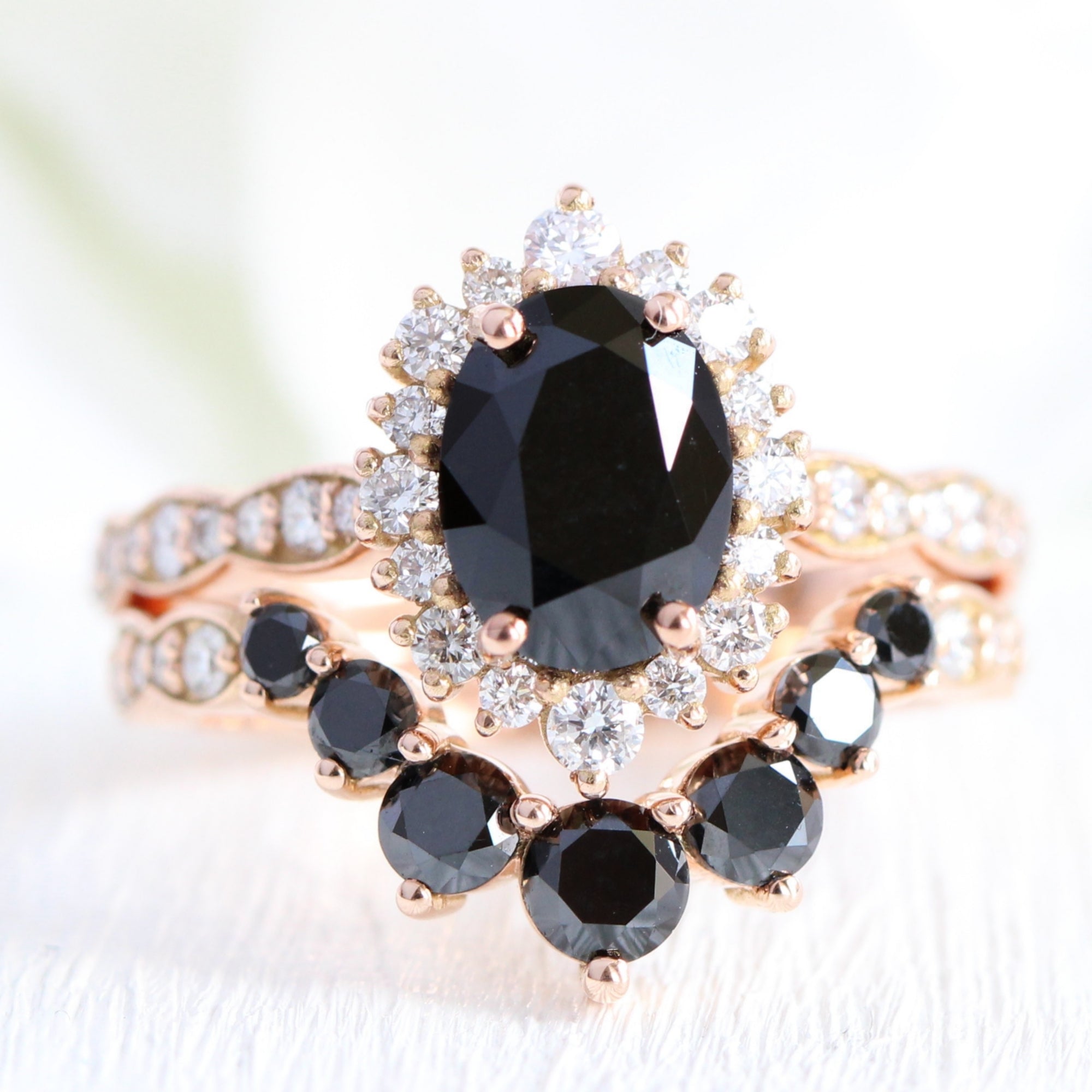oval black diamond large halo ring rose gold u shaped diamond wedding band bridal set la more design jewelry