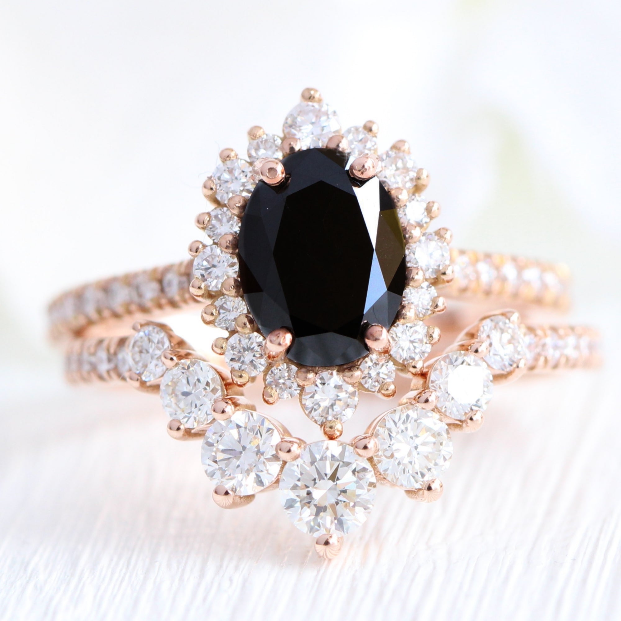 oval black diamond large halo ring rose gold u shaped diamond wedding band bridal set la more design jewelry
