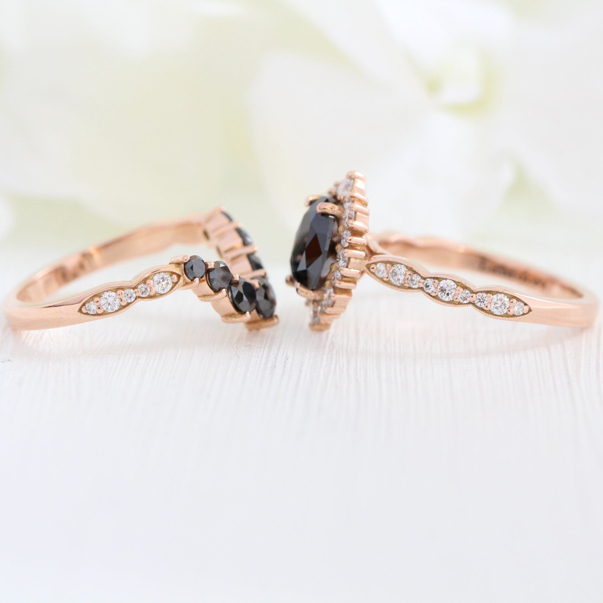 oval black diamond large halo ring rose gold u shaped diamond wedding band bridal set la more design jewelry