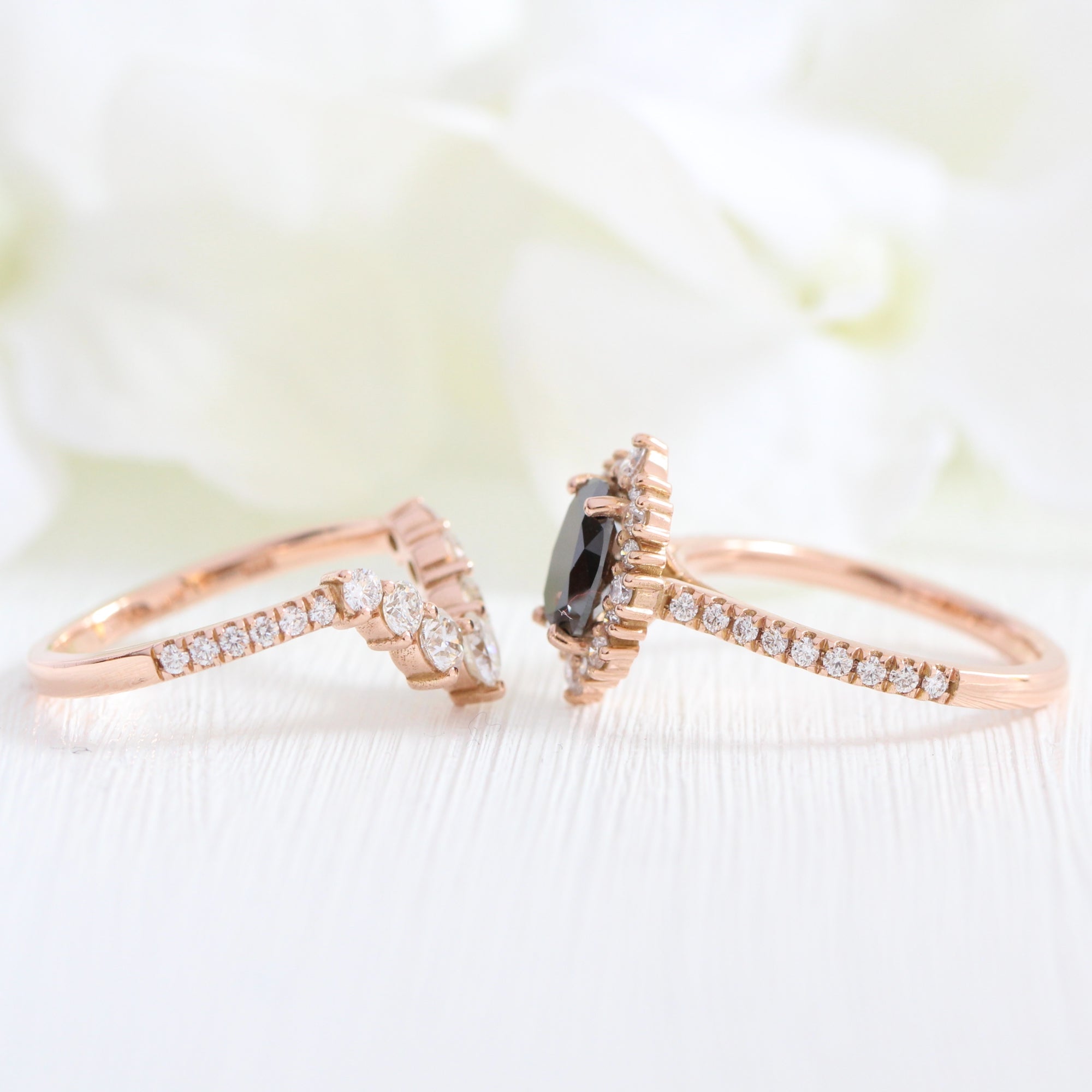 oval black diamond large halo ring rose gold u shaped diamond wedding band bridal set la more design jewelry