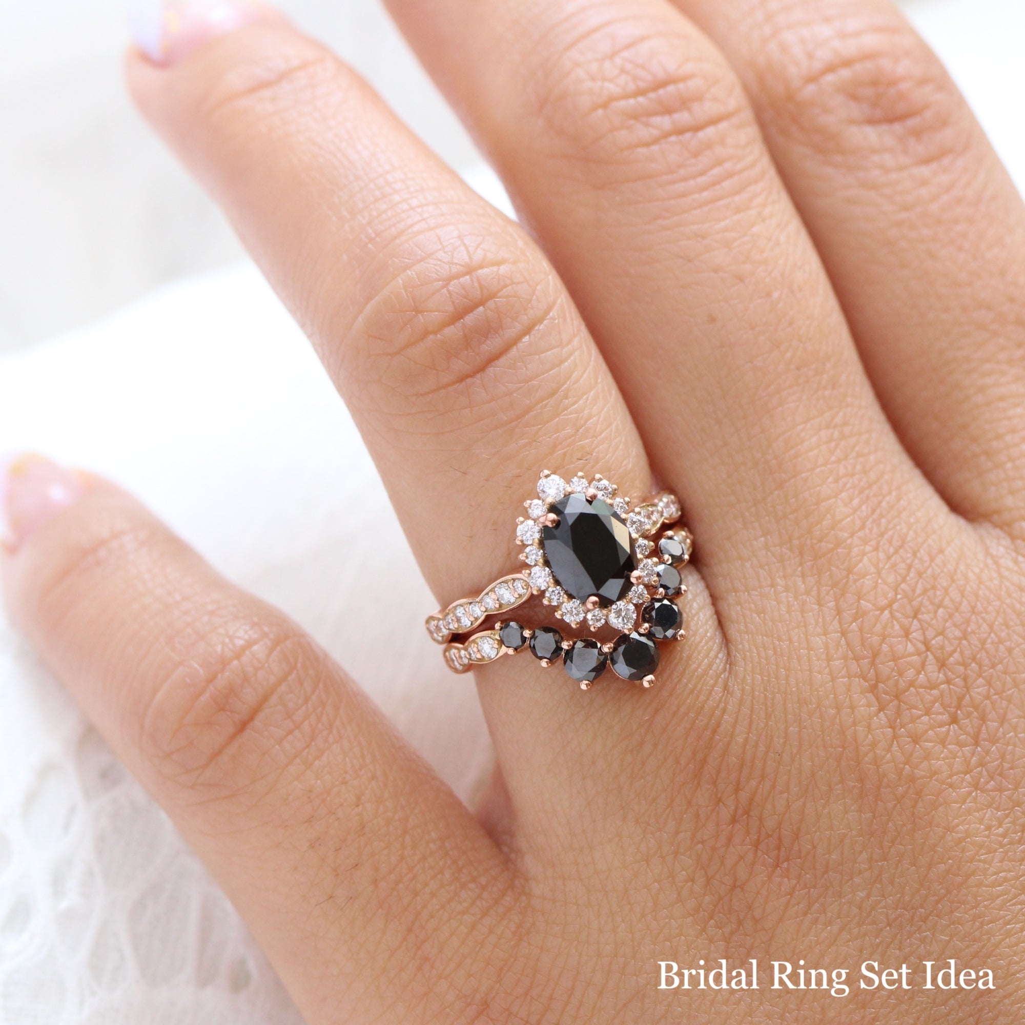 oval black diamond large halo ring rose gold u shaped diamond wedding band bridal set la more design jewelry