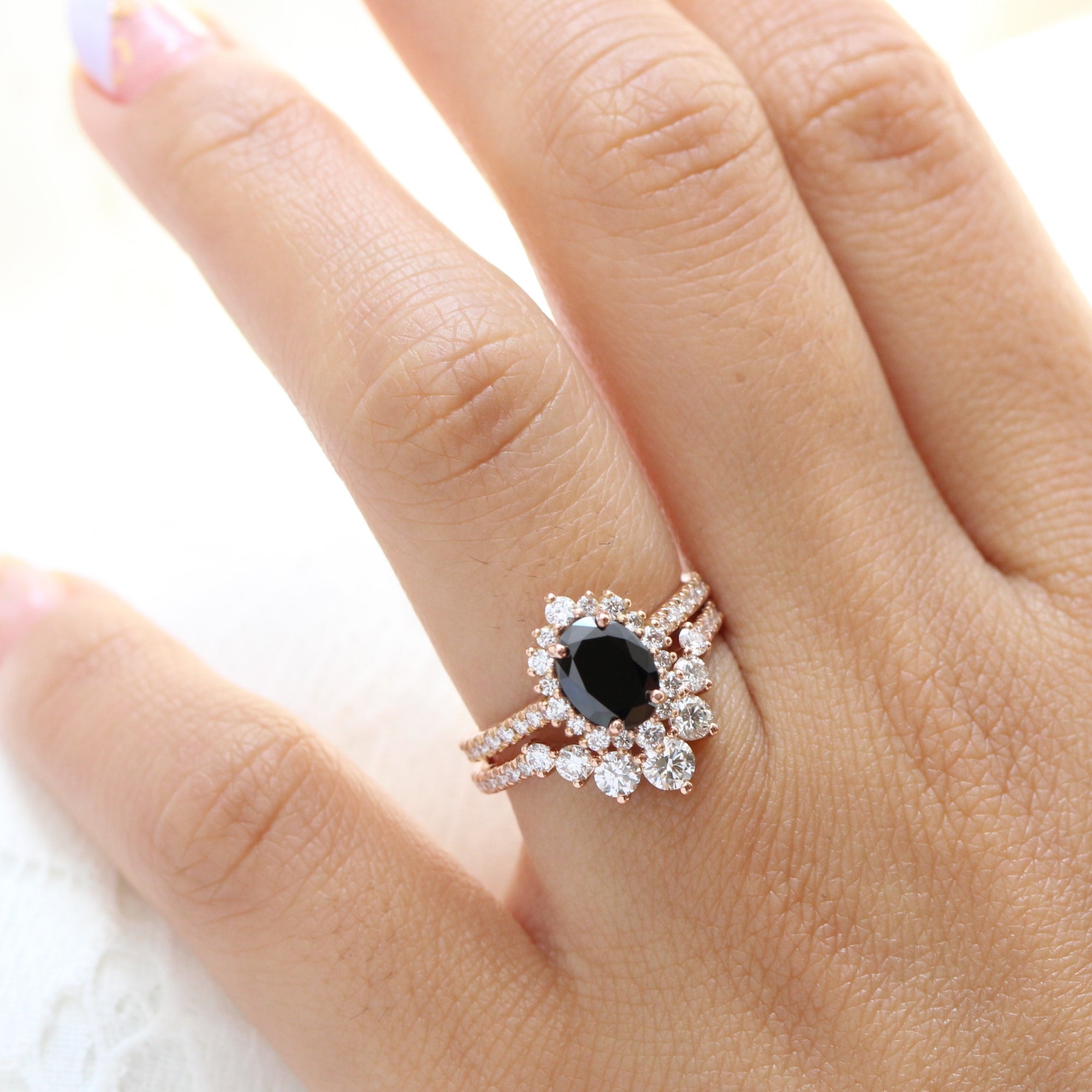 oval black diamond large halo ring rose gold u shaped diamond wedding band bridal set la more design jewelry