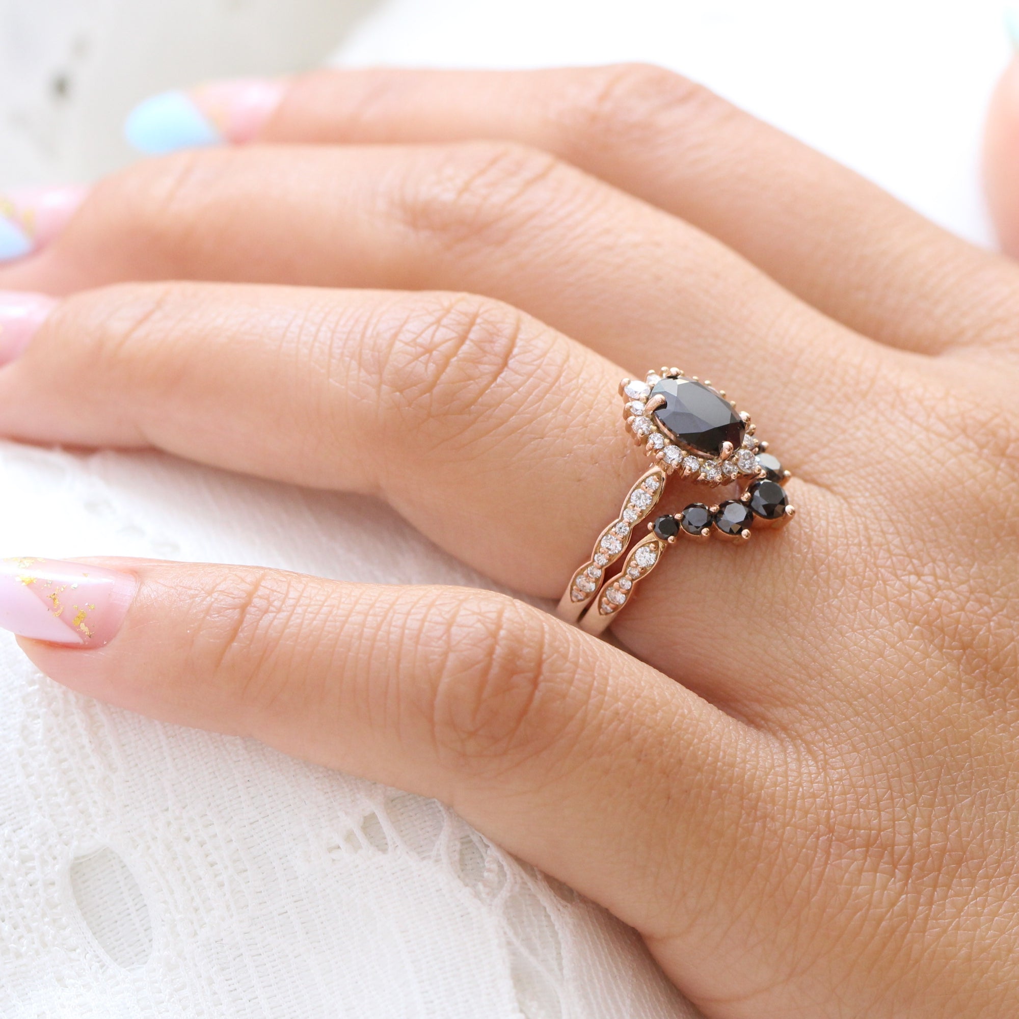 oval black diamond large halo ring rose gold u shaped diamond wedding band bridal set la more design jewelry