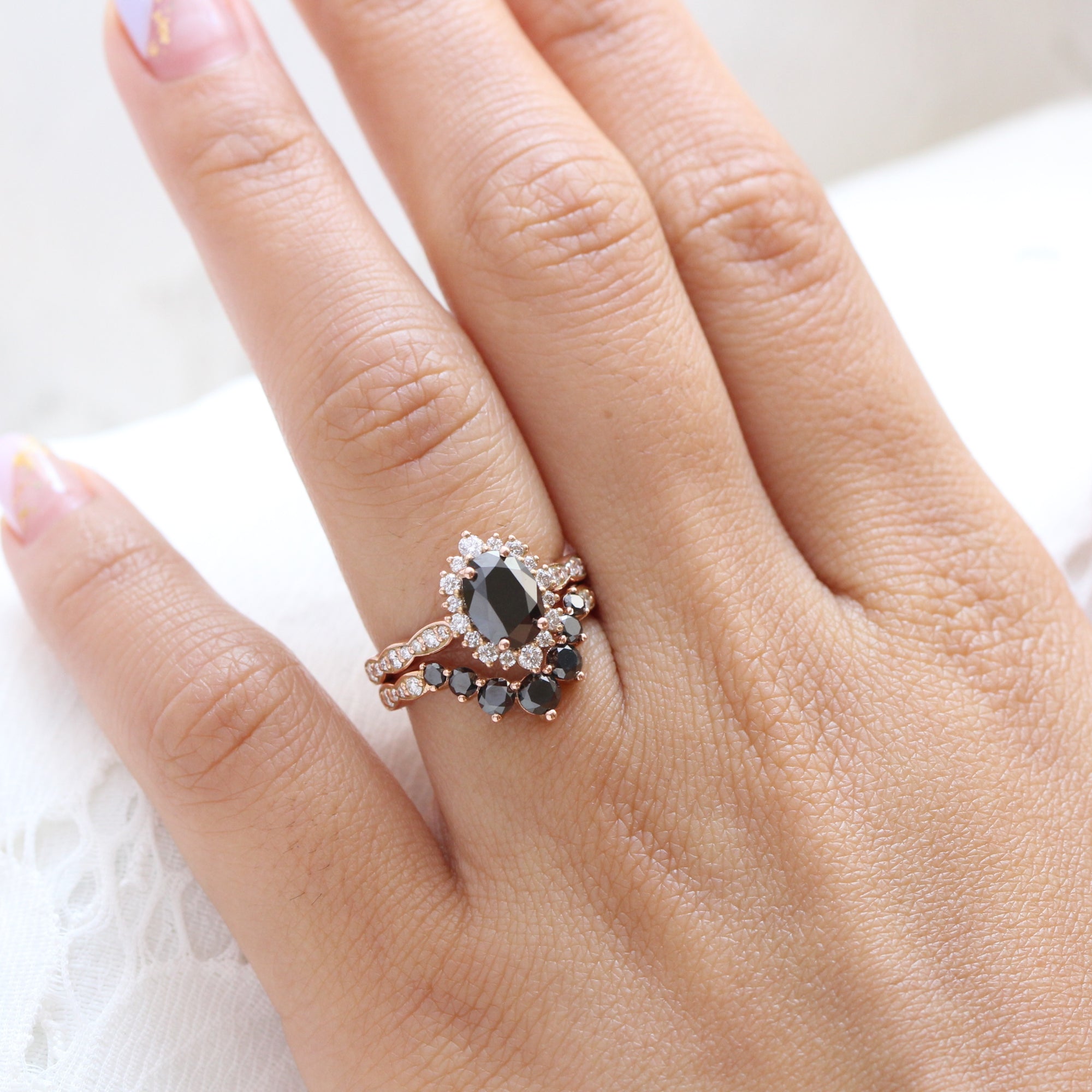 oval black diamond large halo ring rose gold u shaped diamond wedding band bridal set la more design jewelry