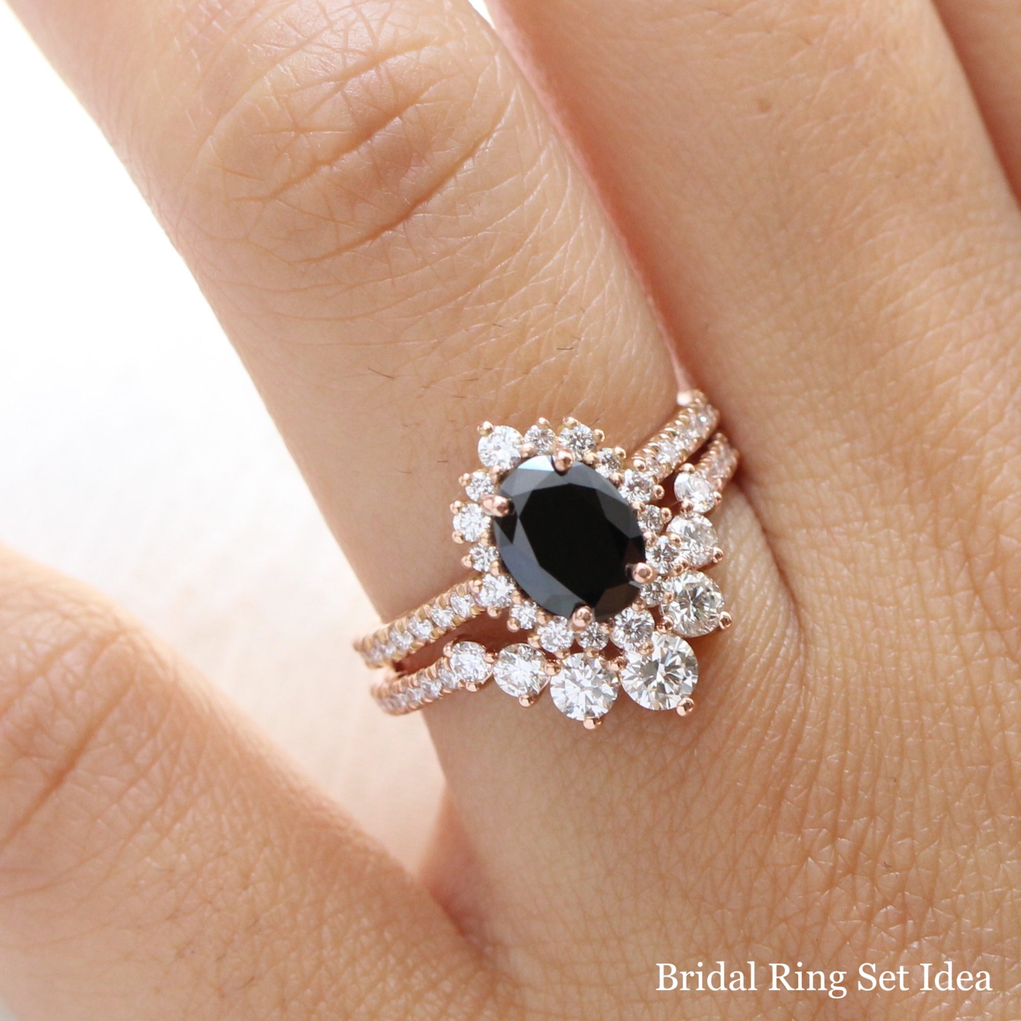 oval black diamond large halo ring rose gold u shaped diamond wedding band bridal set la more design jewelry