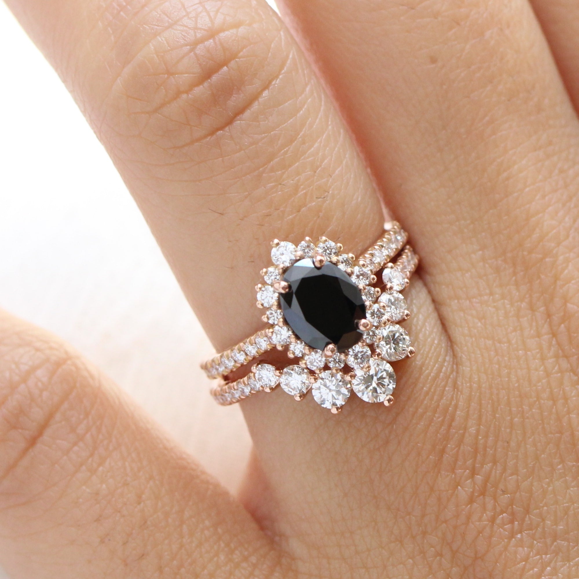oval black diamond large halo ring rose gold u shaped diamond wedding band bridal set la more design jewelry