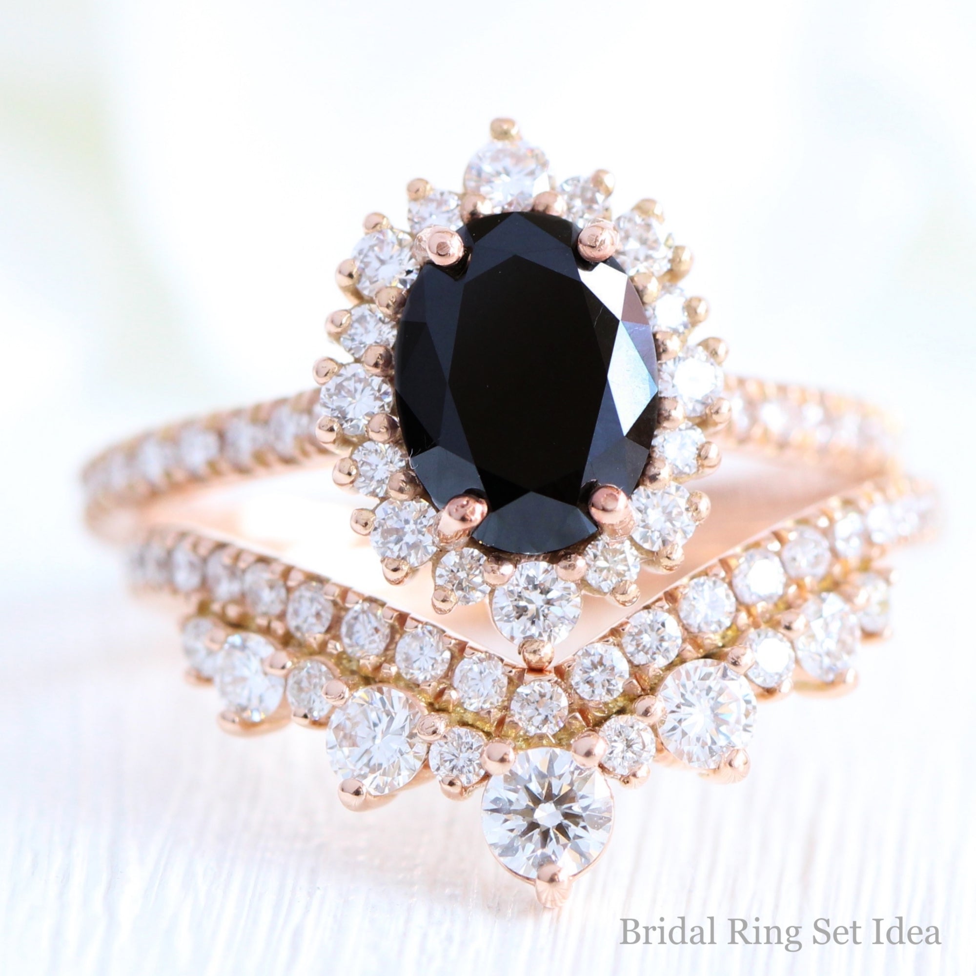 oval black diamond large halo ring rose gold v shaped diamond wedding band bridal set la more design jewelry