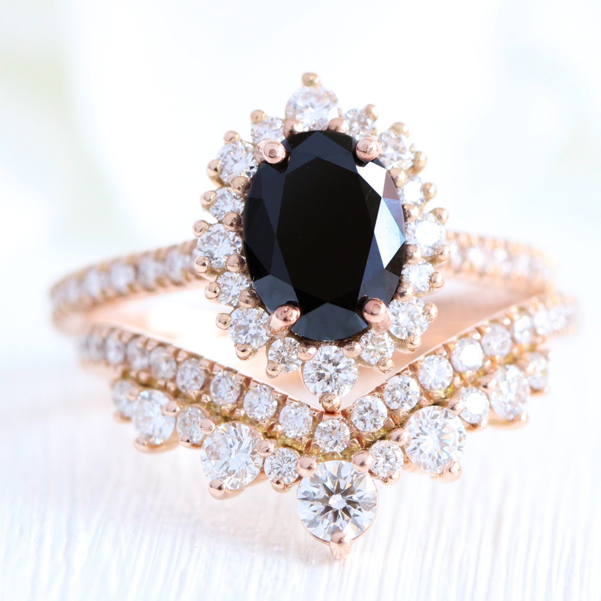 oval black diamond large halo ring rose gold v shaped diamond wedding band bridal set la more design jewelry