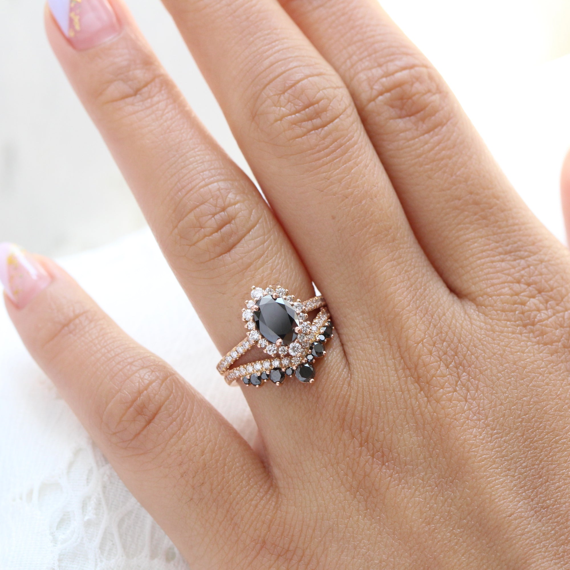 oval black diamond large halo ring rose gold v shaped diamond wedding band bridal set la more design jewelry