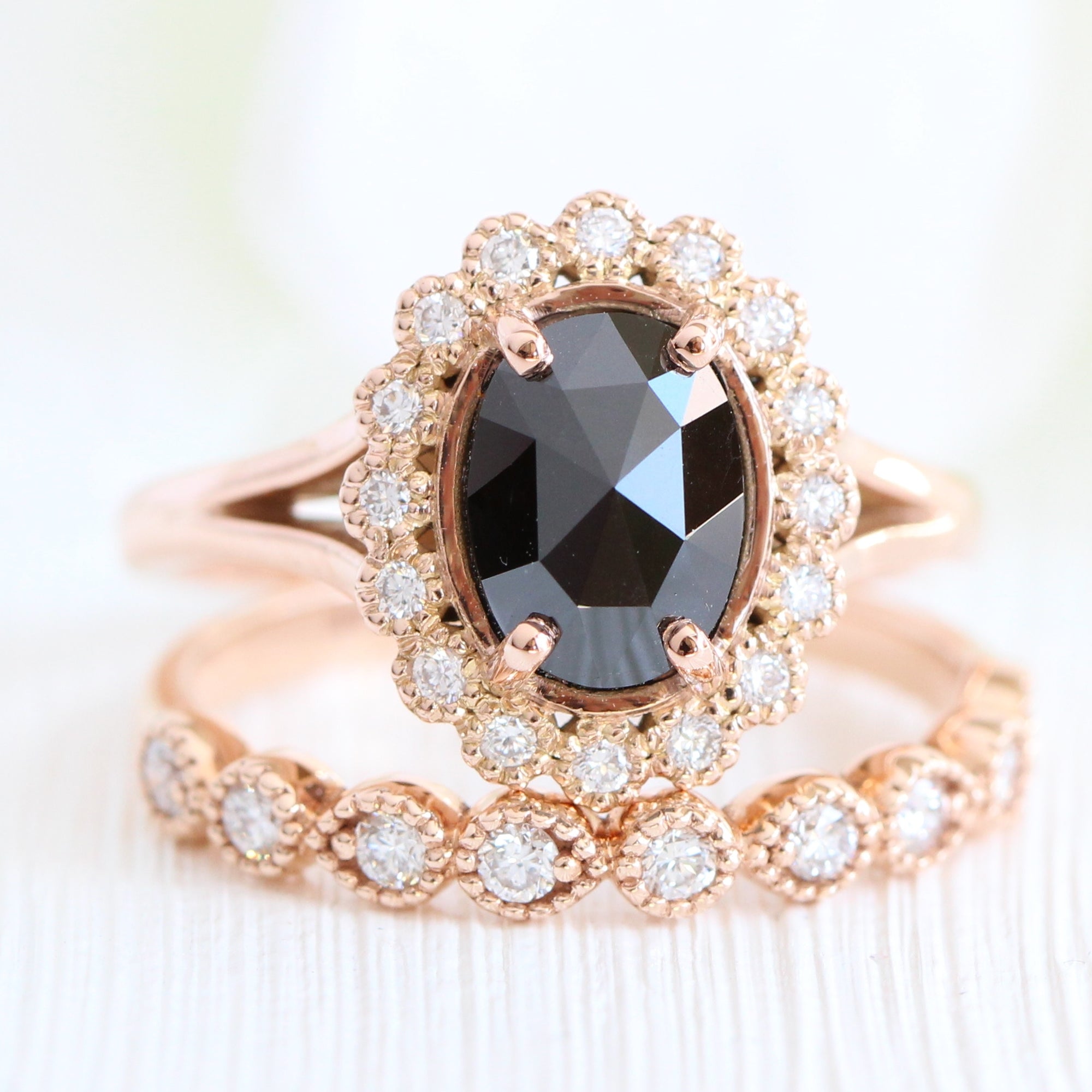 oval black diamond ring gold rose cut diamond ring matching wedding band set la more design jewelry