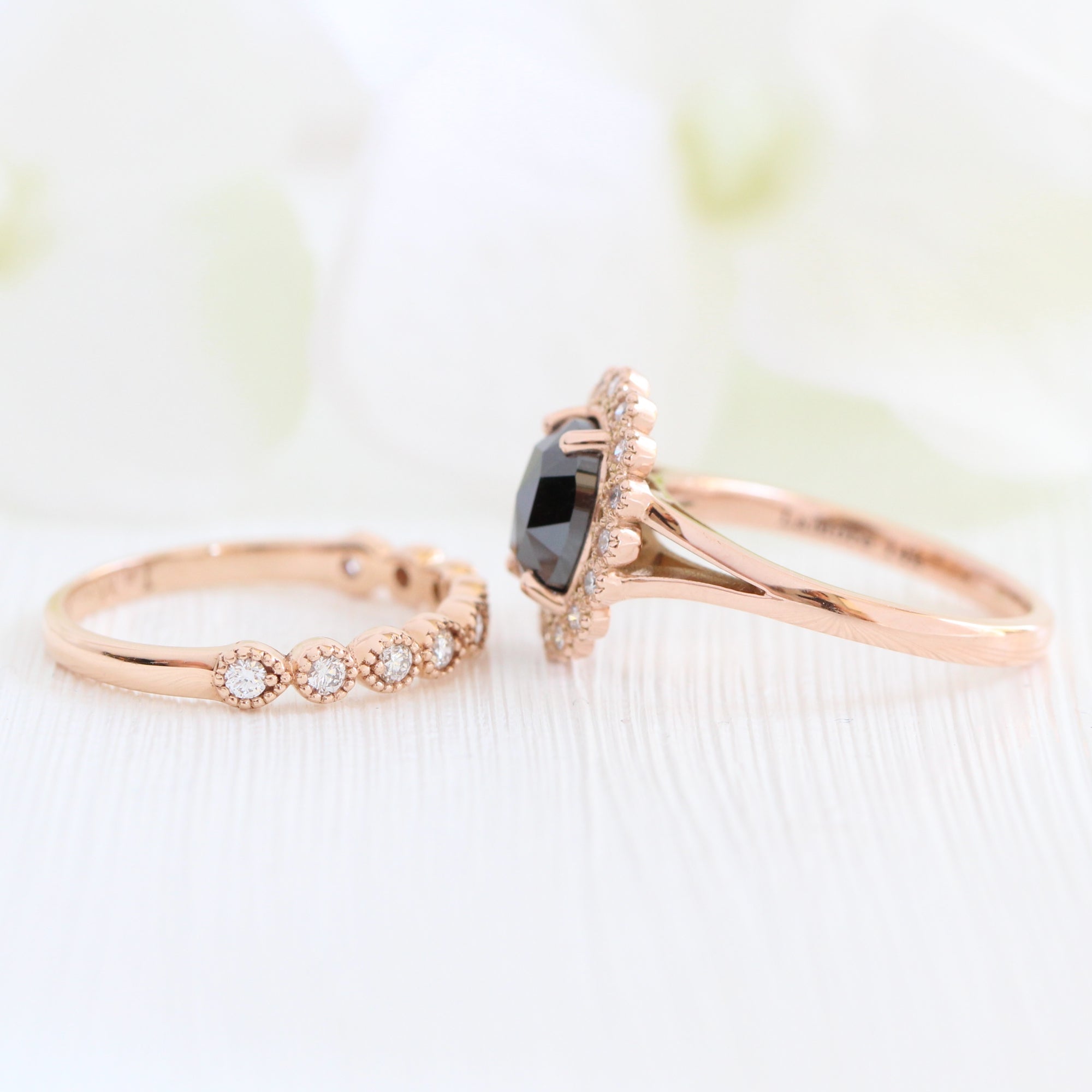 oval black diamond ring gold rose cut diamond ring matching wedding band set la more design jewelry