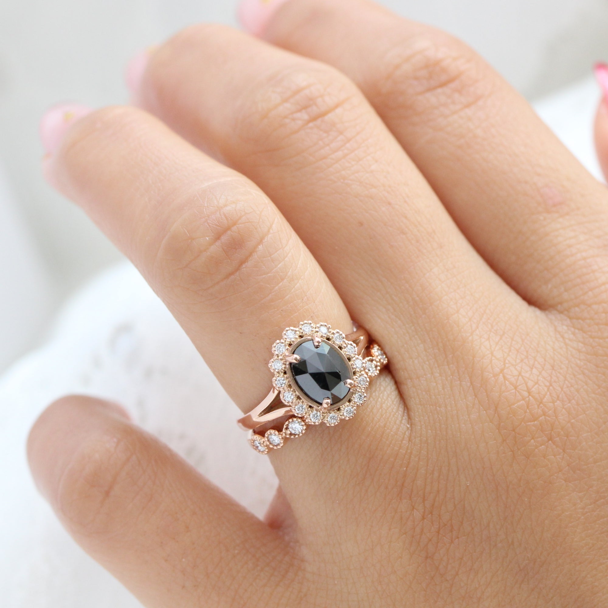 oval black diamond ring gold rose cut diamond ring matching wedding band set la more design jewelry