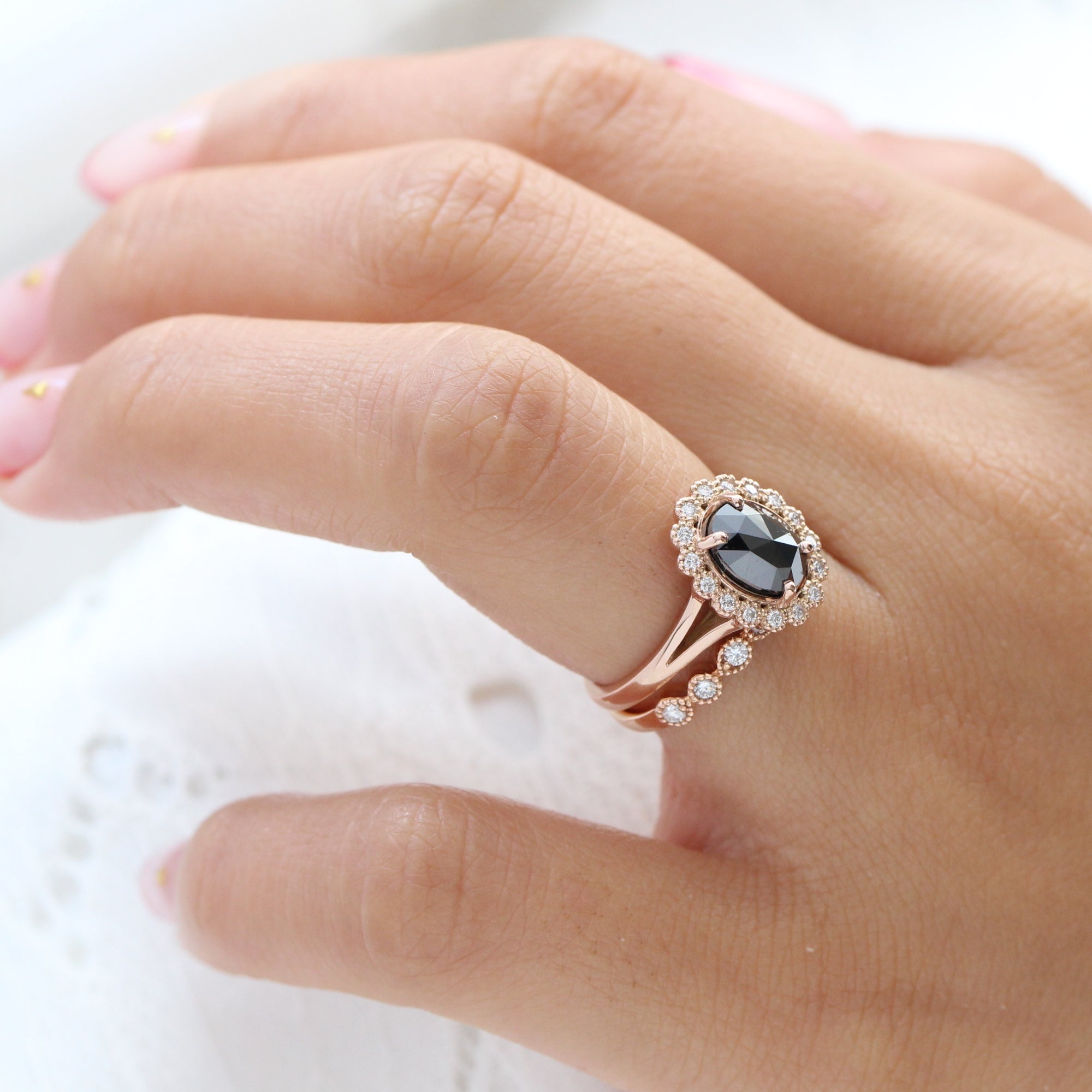 oval black diamond ring gold rose cut diamond ring matching wedding band set la more design jewelry