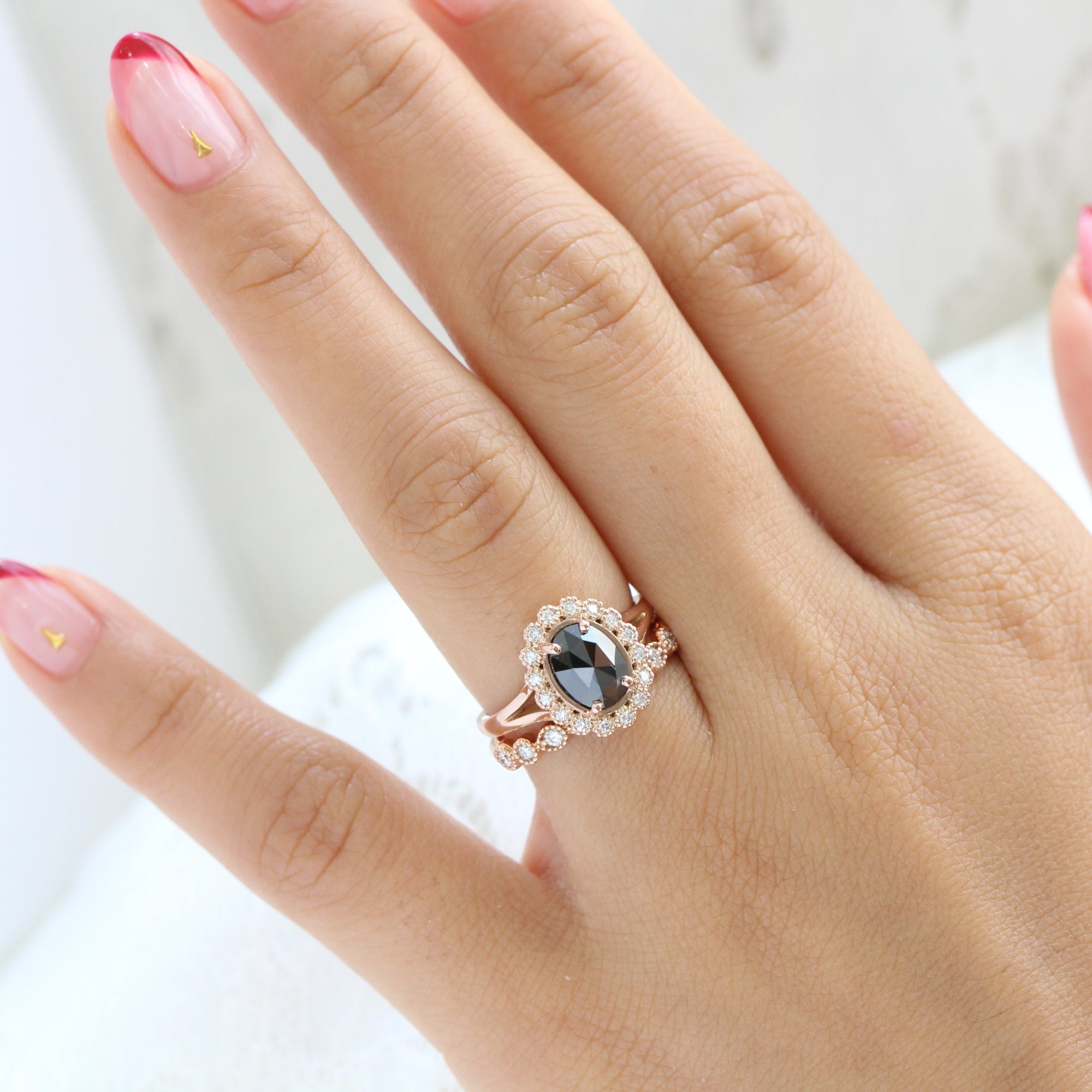 oval black diamond ring gold rose cut diamond ring matching wedding band set la more design jewelry