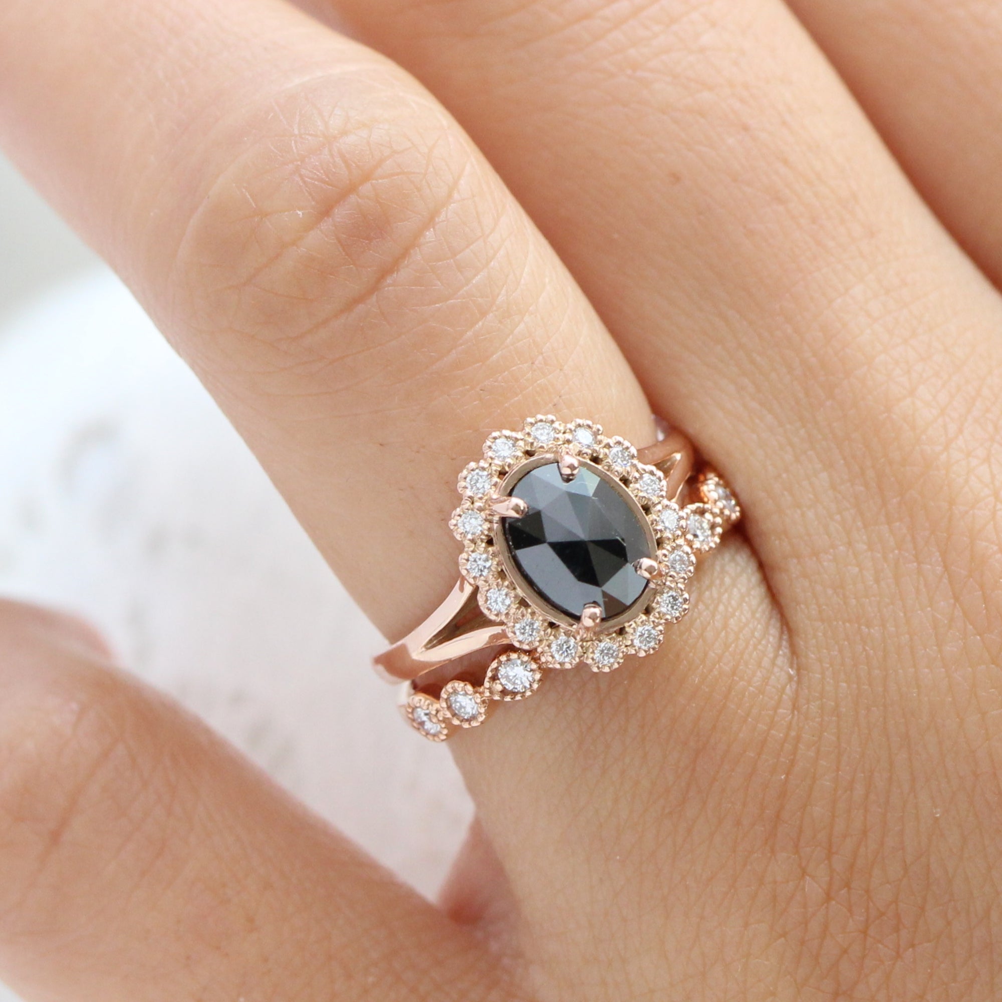 oval black diamond ring gold rose cut diamond ring matching wedding band set la more design jewelry