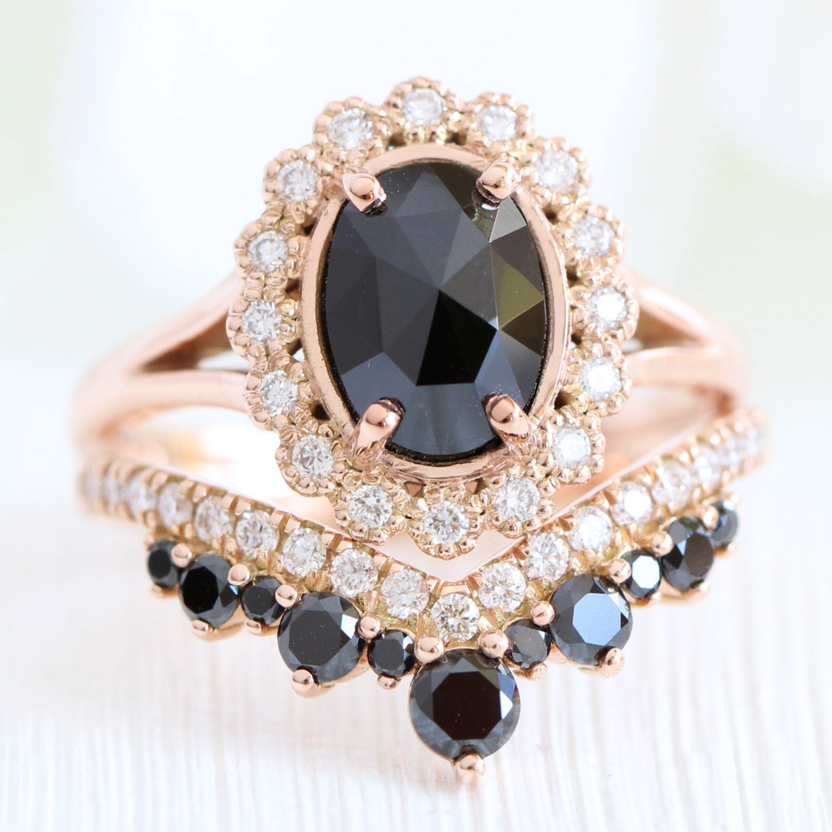 oval black diamond ring gold rose cut diamond ring v shaped wedding band set la more design jewelry