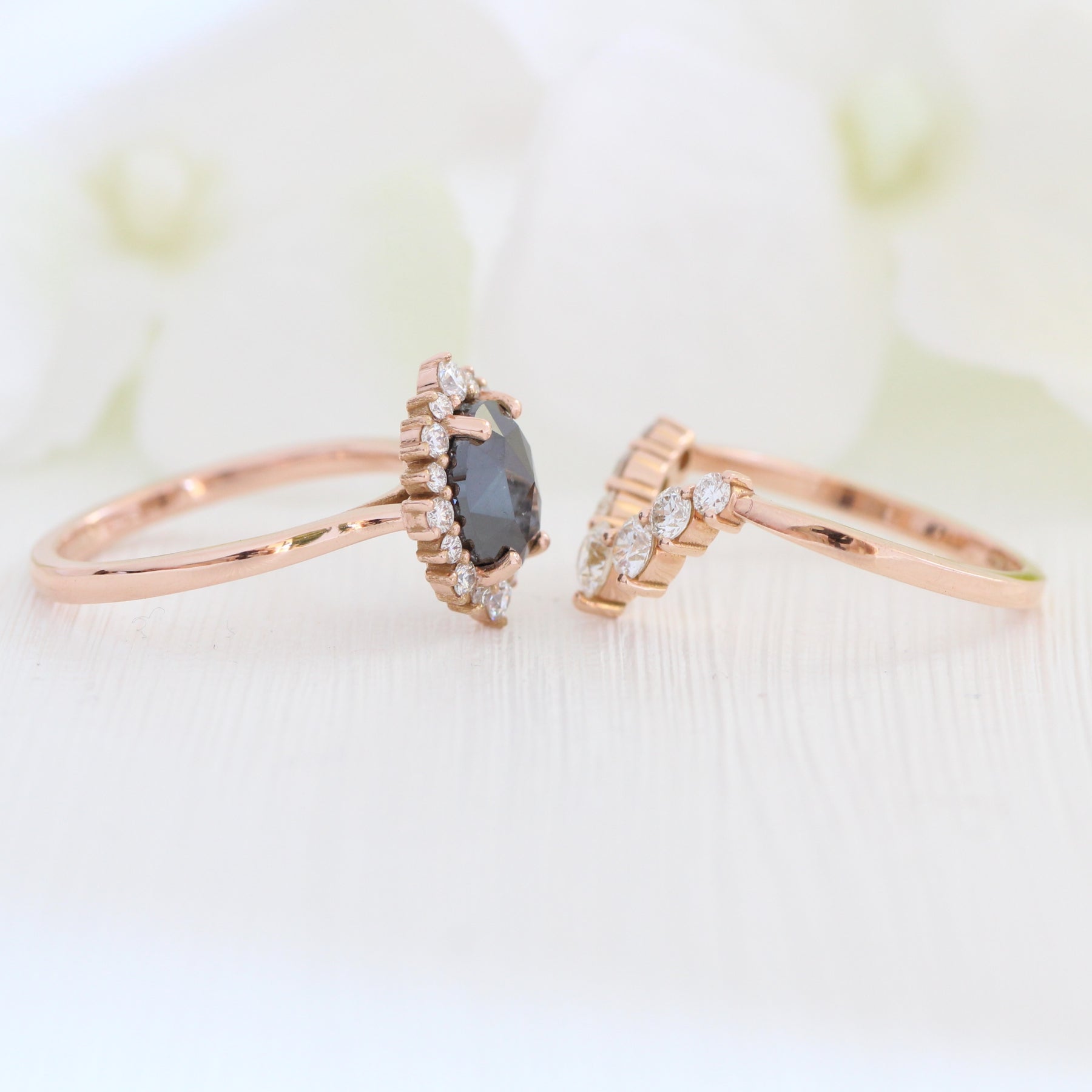 oval black diamond ring gold rose cut diamond ring v shaped wedding band set la more design jewelry