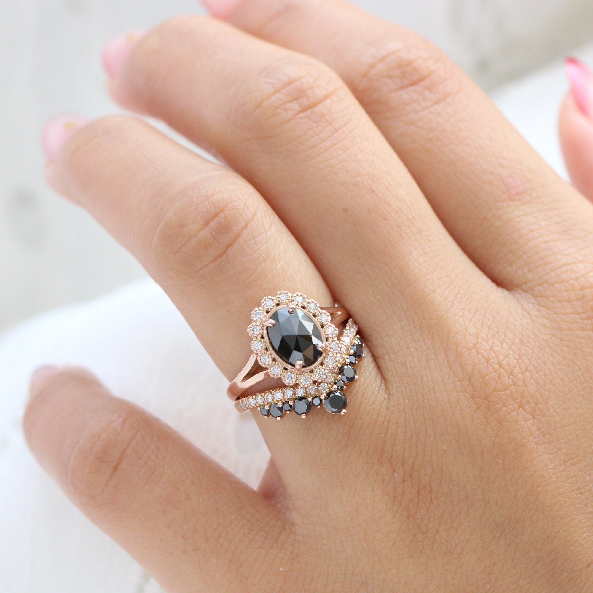 oval black diamond ring gold rose cut diamond ring v shaped wedding band set la more design jewelry