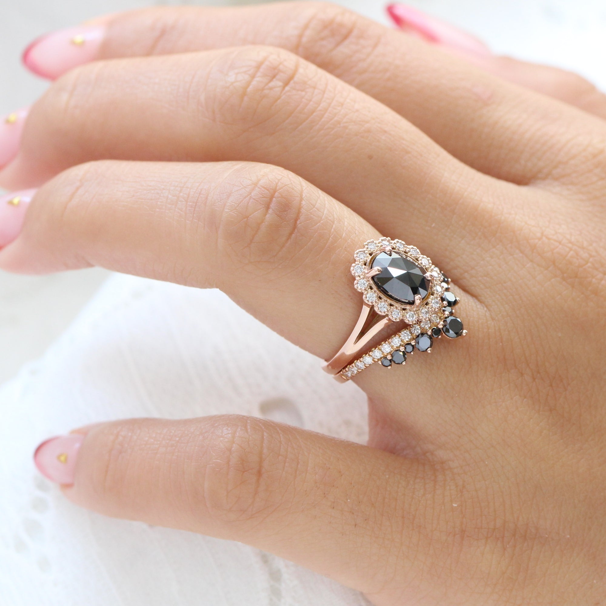 oval black diamond ring gold rose cut diamond ring v shaped wedding band set la more design jewelry