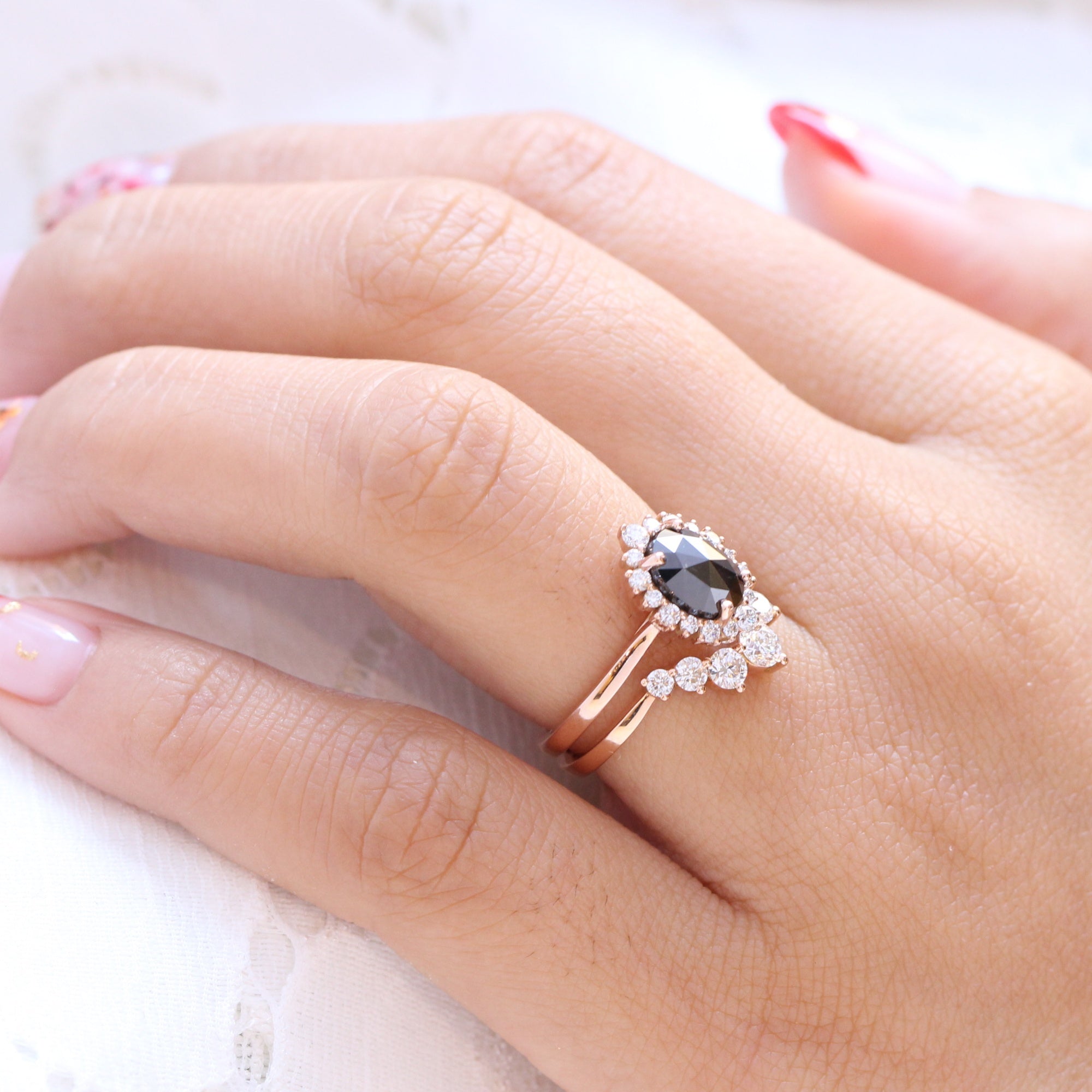 oval black diamond ring gold rose cut diamond ring v shaped wedding band set la more design jewelry