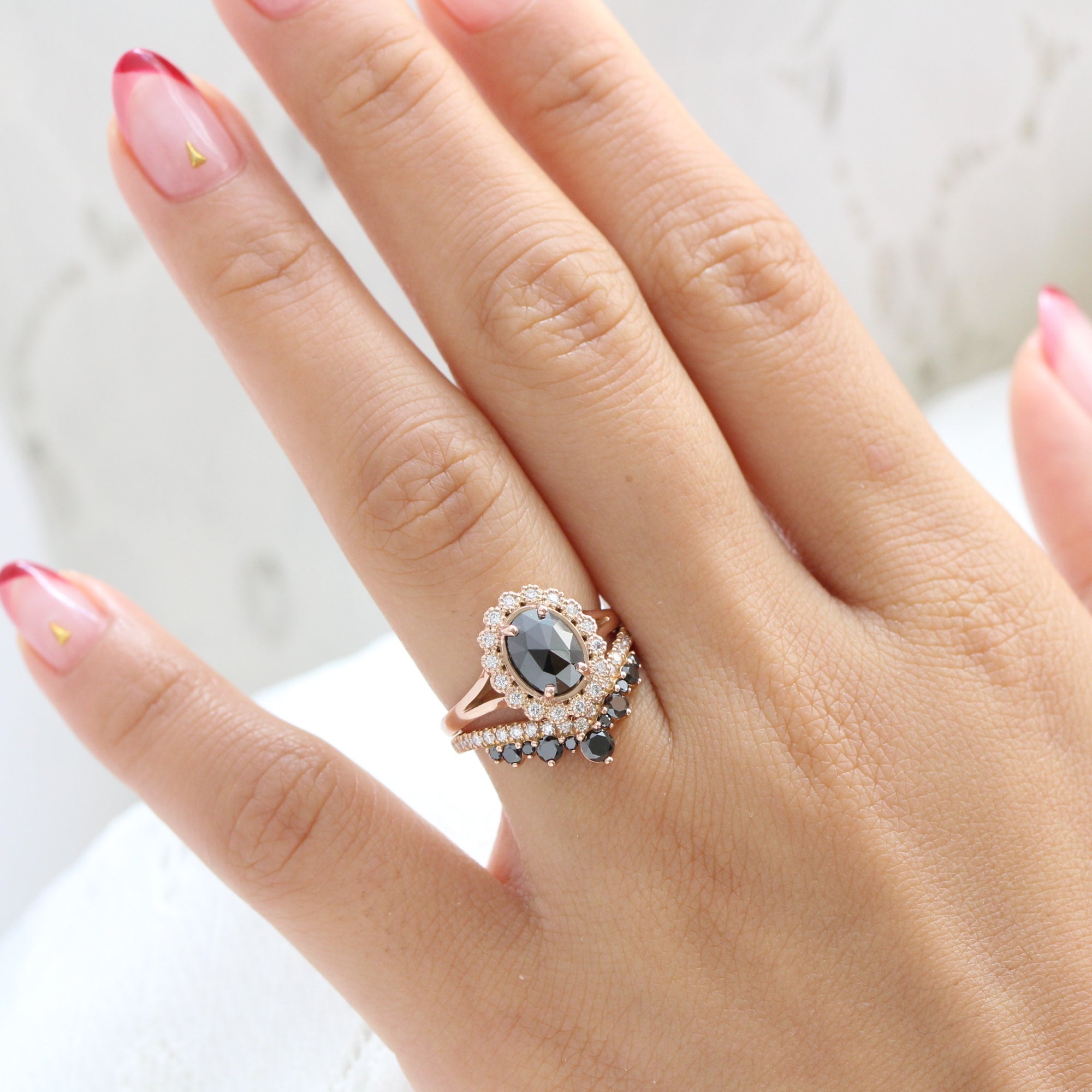 oval black diamond ring gold rose cut diamond ring v shaped wedding band set la more design jewelry