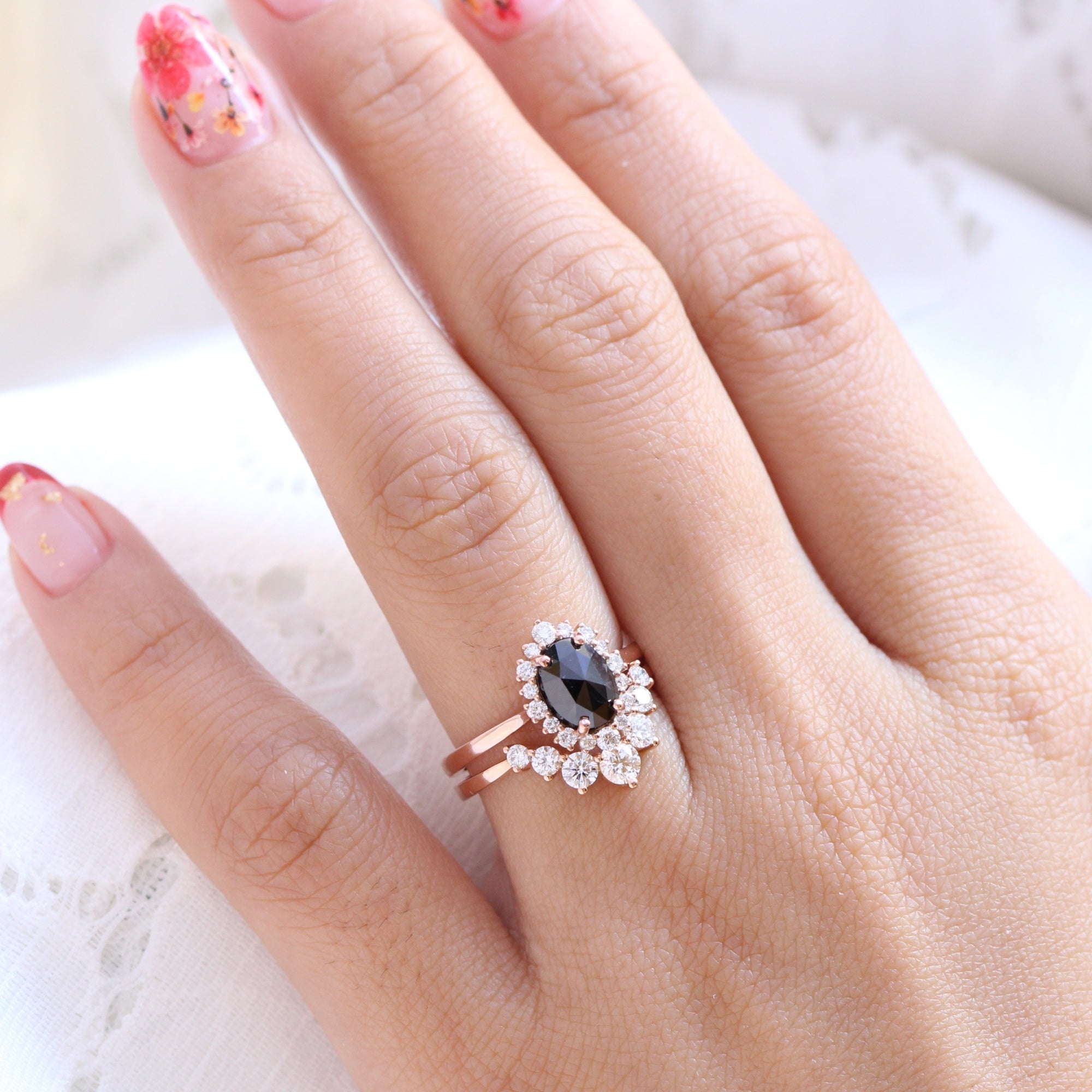 oval black diamond ring gold rose cut diamond ring v shaped wedding band set la more design jewelry