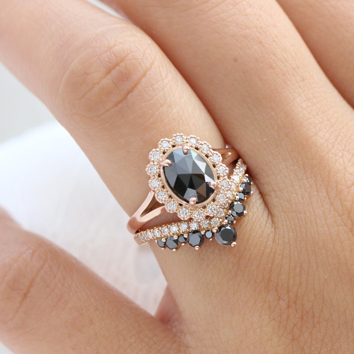 oval black diamond ring gold rose cut diamond ring v shaped wedding band set la more design jewelry
