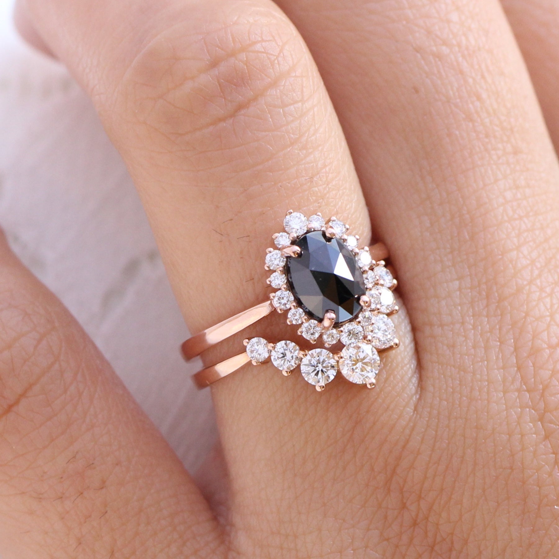 oval black diamond ring gold rose cut diamond ring v shaped wedding band set la more design jewelry