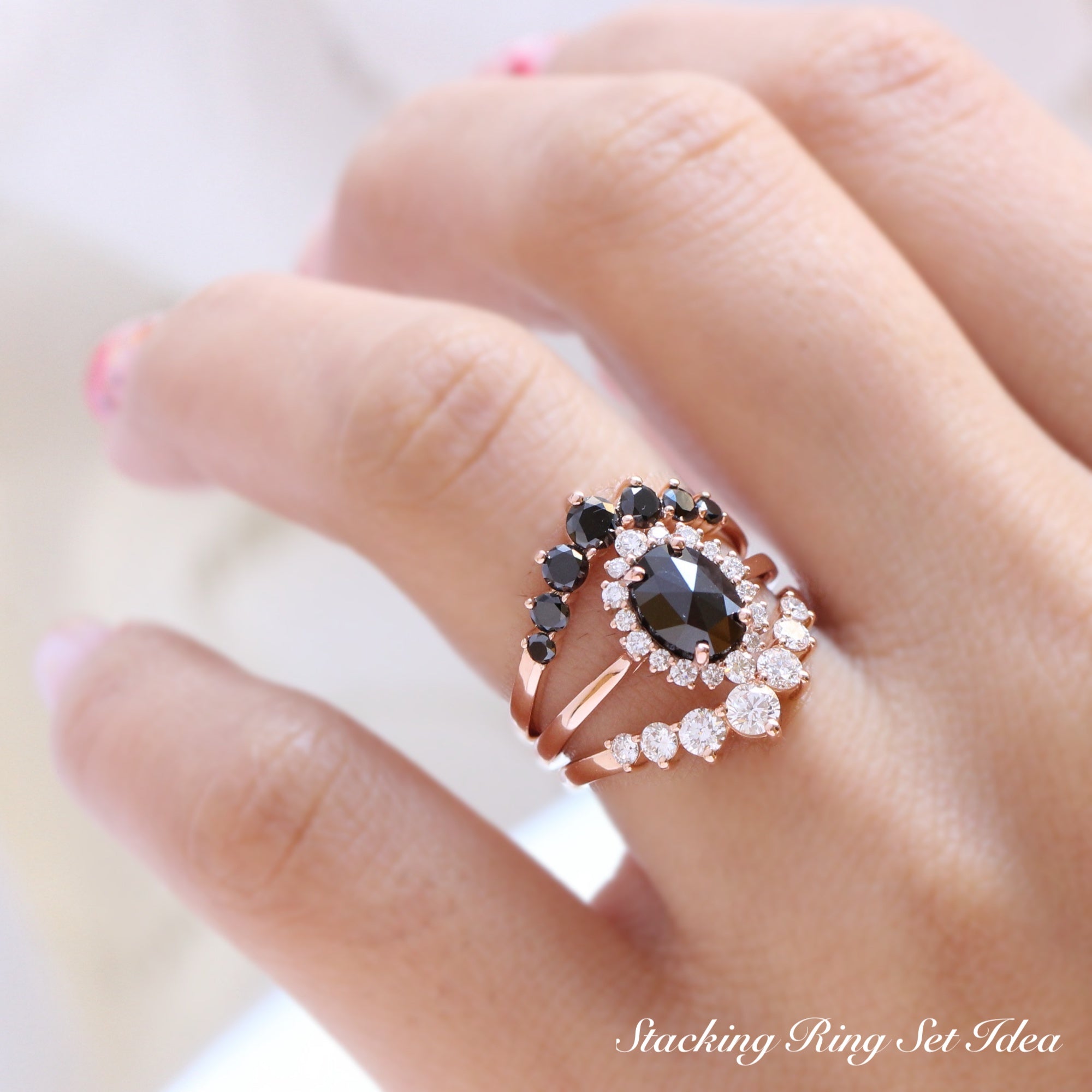 oval black diamond ring gold rose cut diamond ring v shaped wedding band set la more design jewelry