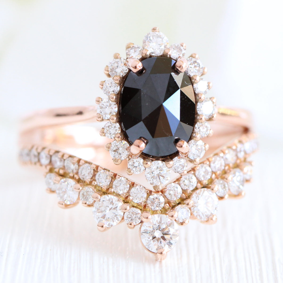 oval black diamond ring rose gold halo rose cut diamond ring bridal set la more design jewelry