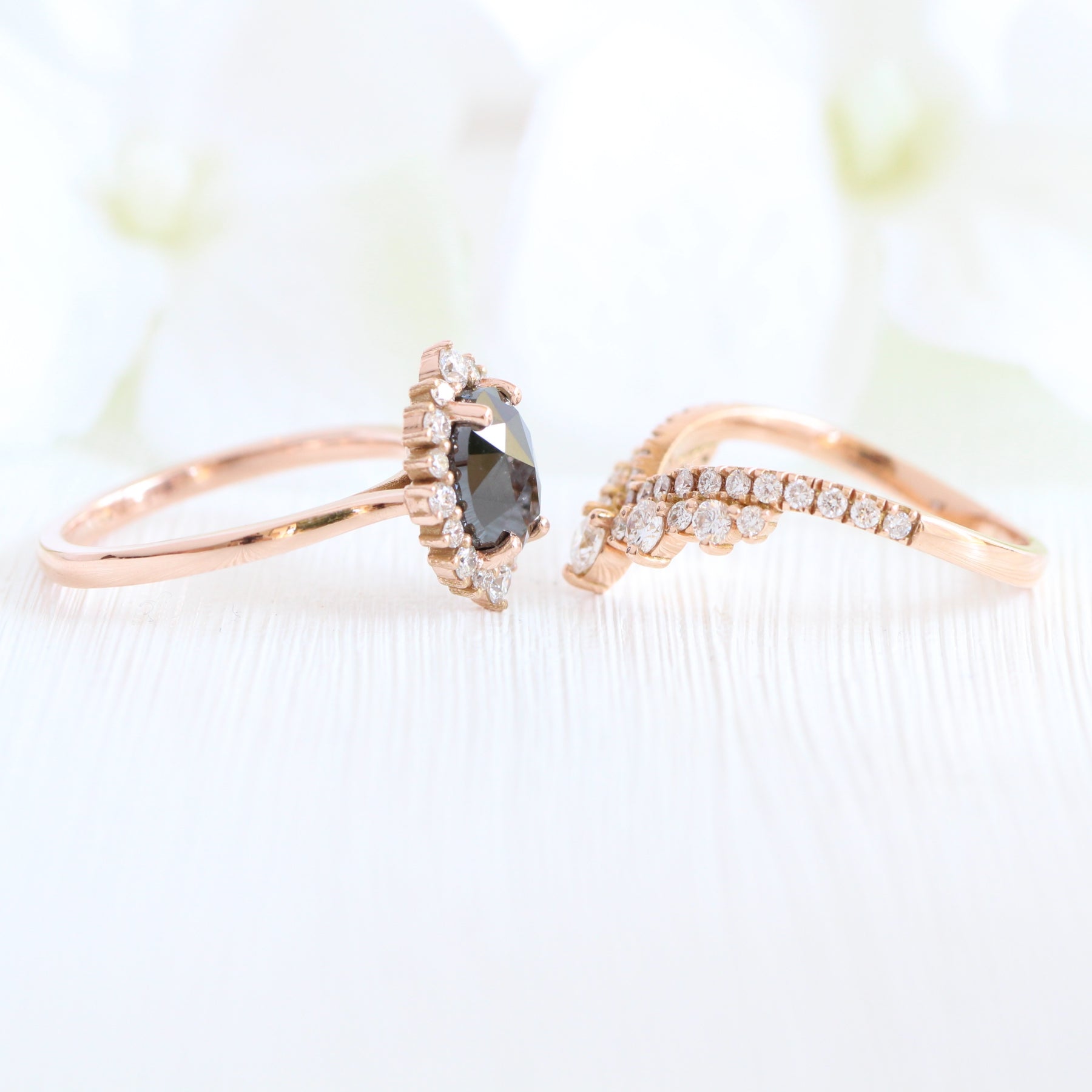 oval black diamond ring rose gold halo rose cut diamond ring bridal set la more design jewelry