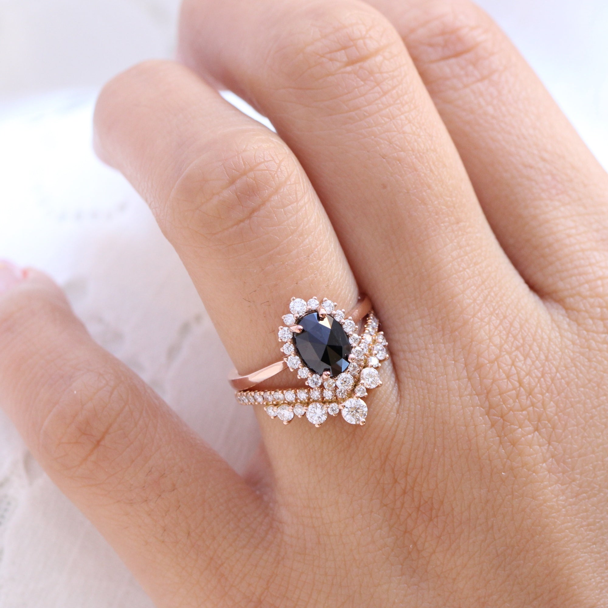 oval black diamond ring rose gold halo rose cut diamond ring bridal set la more design jewelry