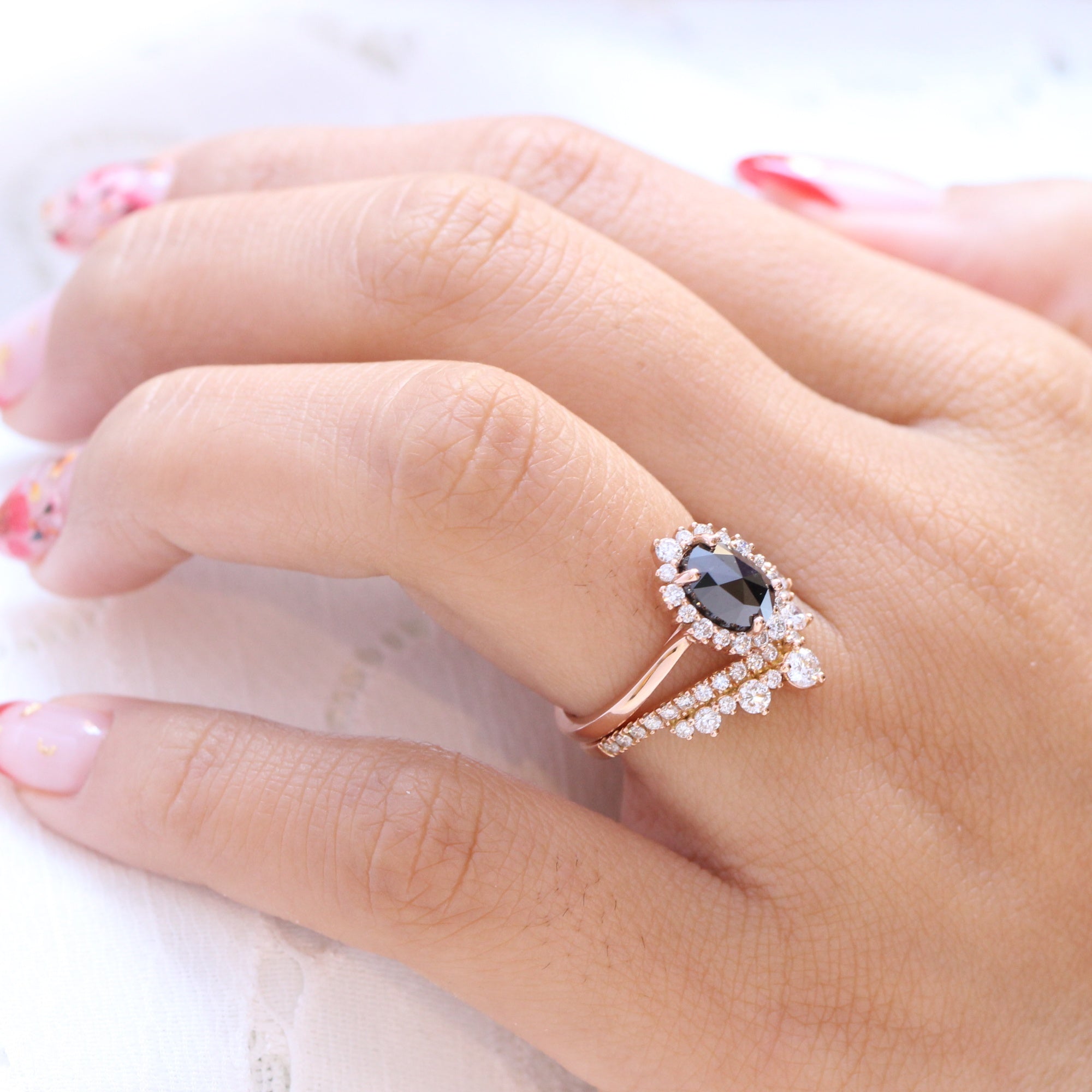 oval black diamond ring rose gold halo rose cut diamond ring bridal set la more design jewelry