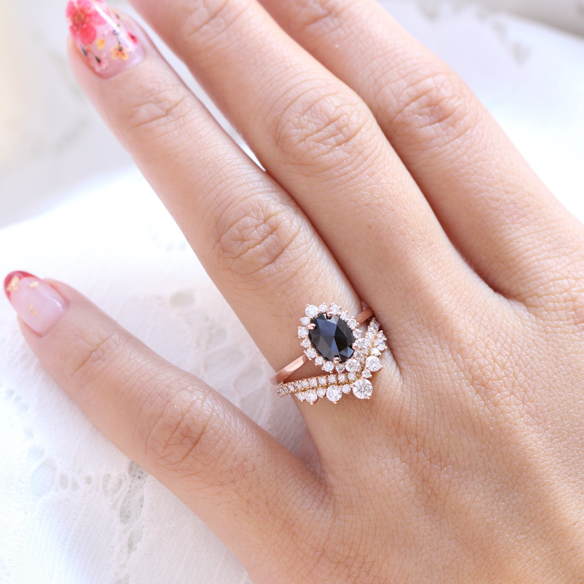 oval black diamond ring rose gold halo rose cut diamond ring bridal set la more design jewelry
