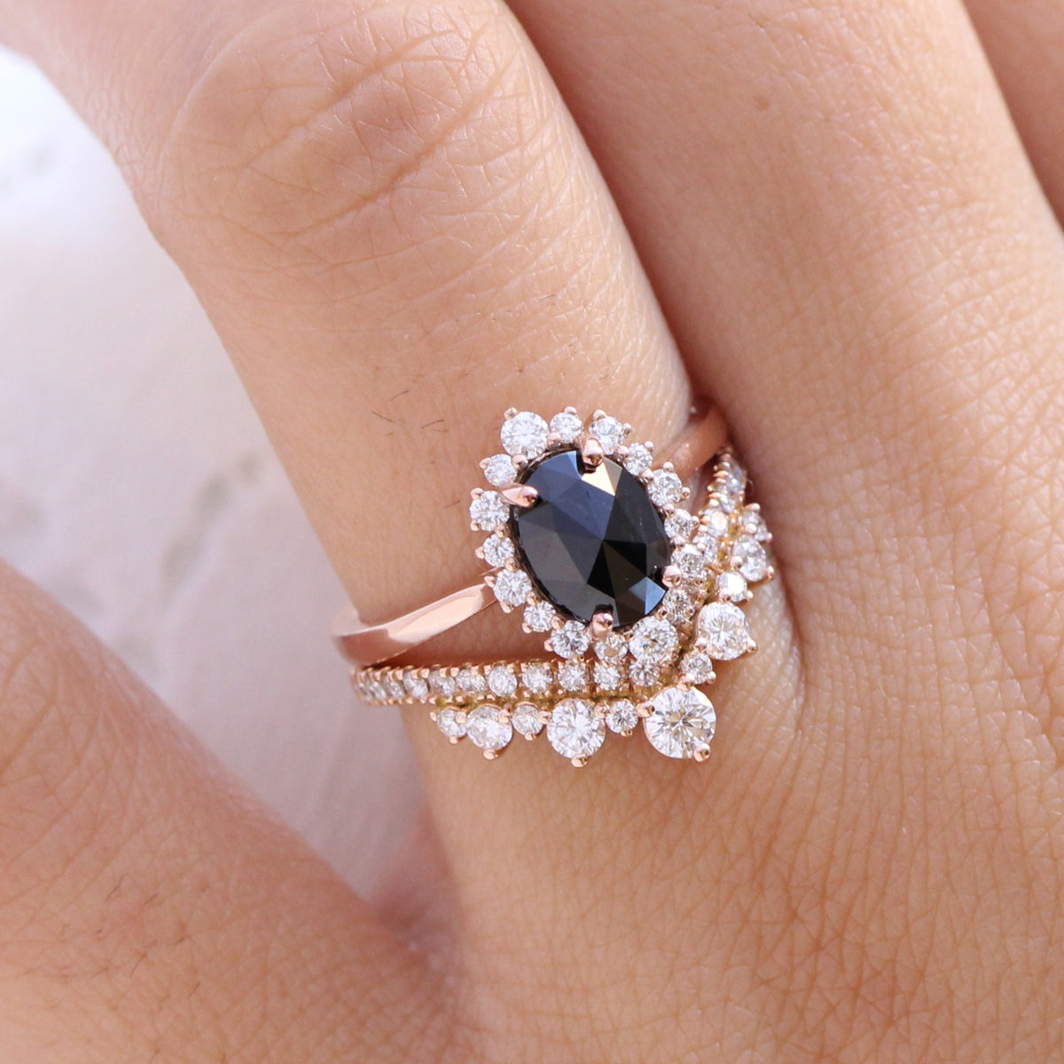 oval black diamond ring rose gold halo rose cut diamond ring bridal set la more design jewelry