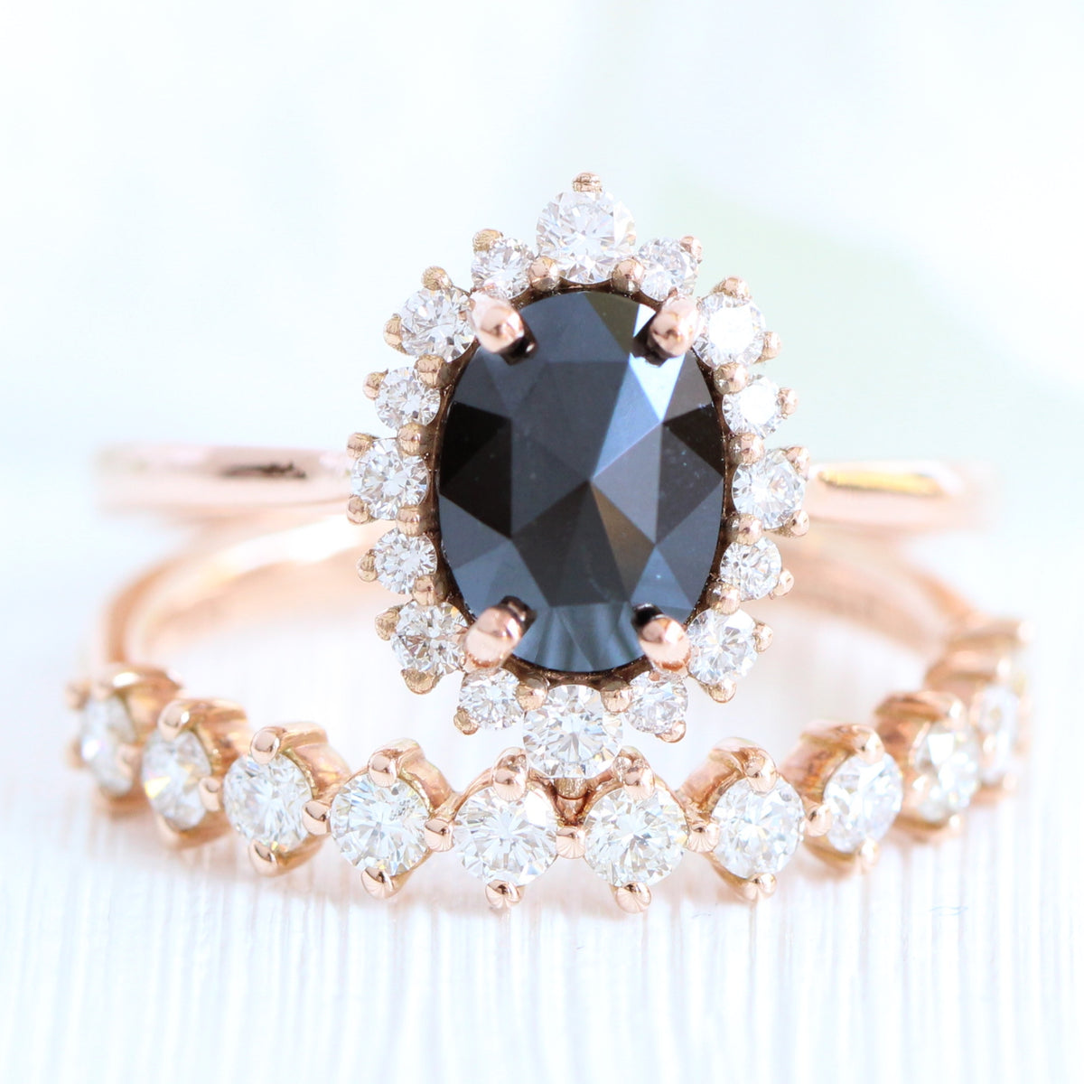oval black diamond ring rose gold halo rose cut diamond ring set la more design jewelry 