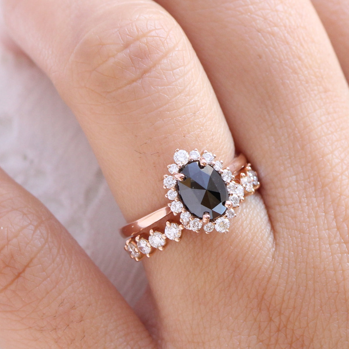 oval black diamond ring rose gold halo rose cut diamond ring set la more design jewelry