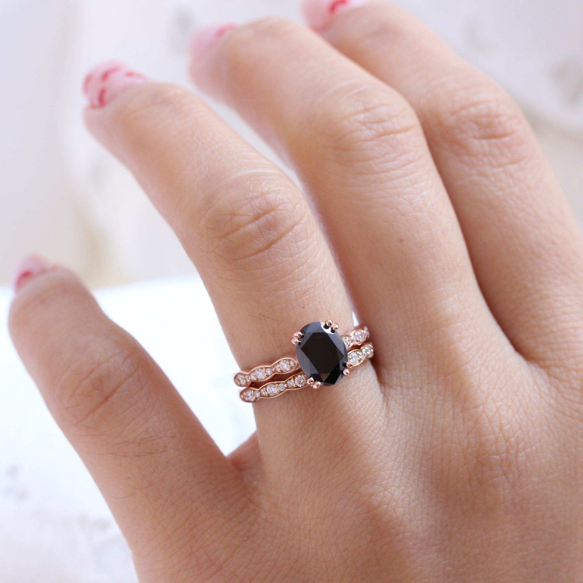 oval black diamond ring rose gold matching diamond wedding ring stack la more design jewelry
