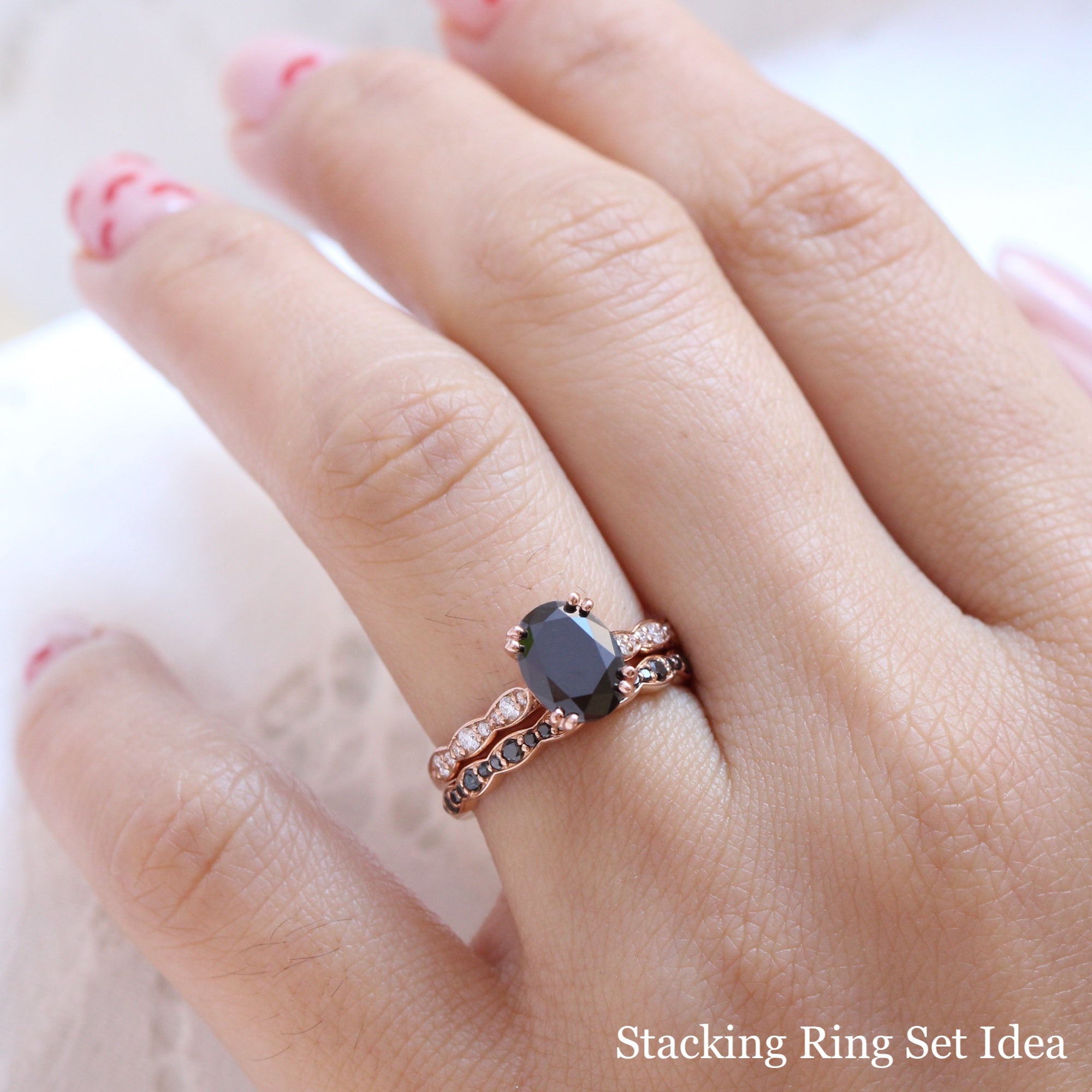 Scalloped Black Diamond Wedding Ring in Vintage Style Half Eternity Band