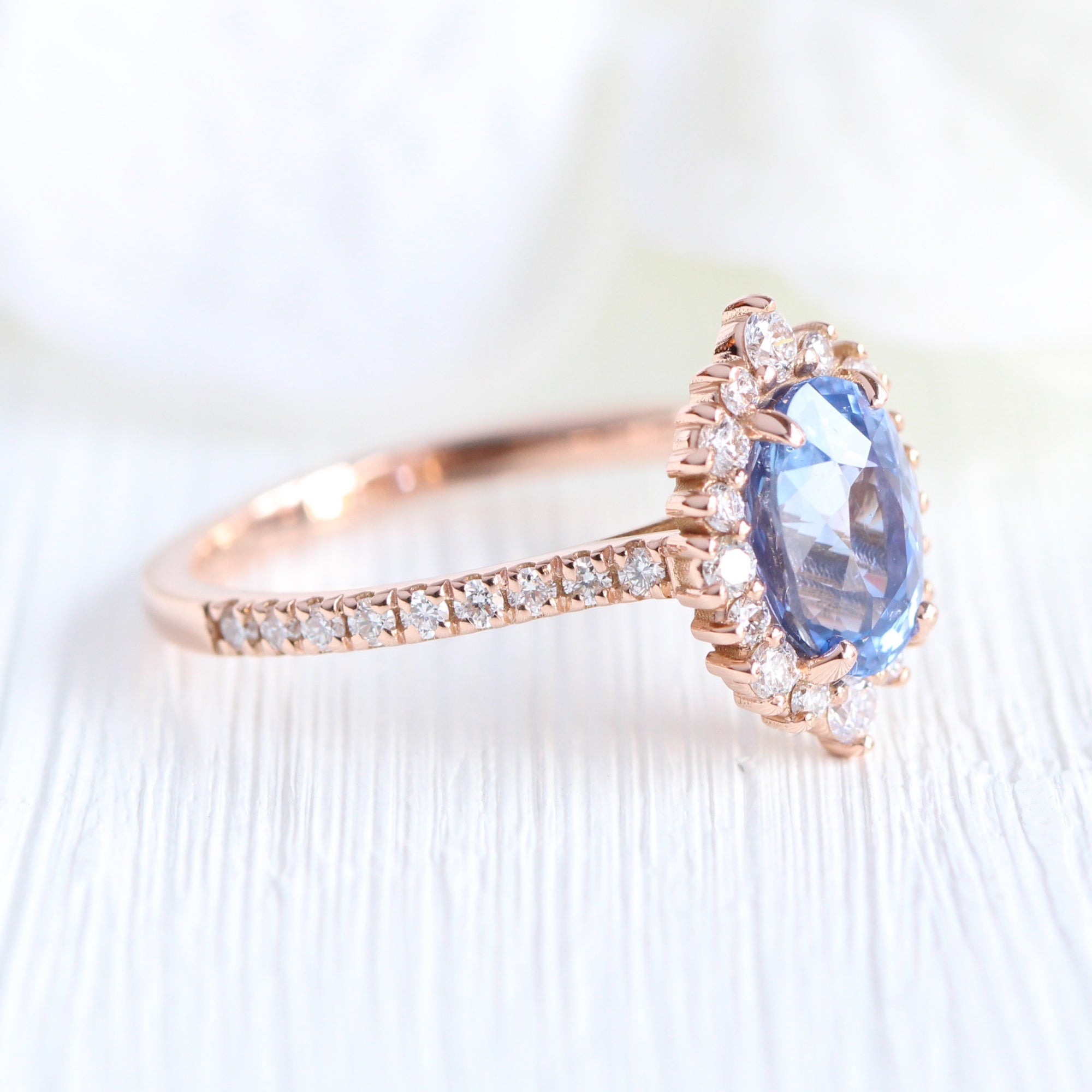 oval ceylon sapphire ring rose gold halo diamond engagement ring la more design jewelry
