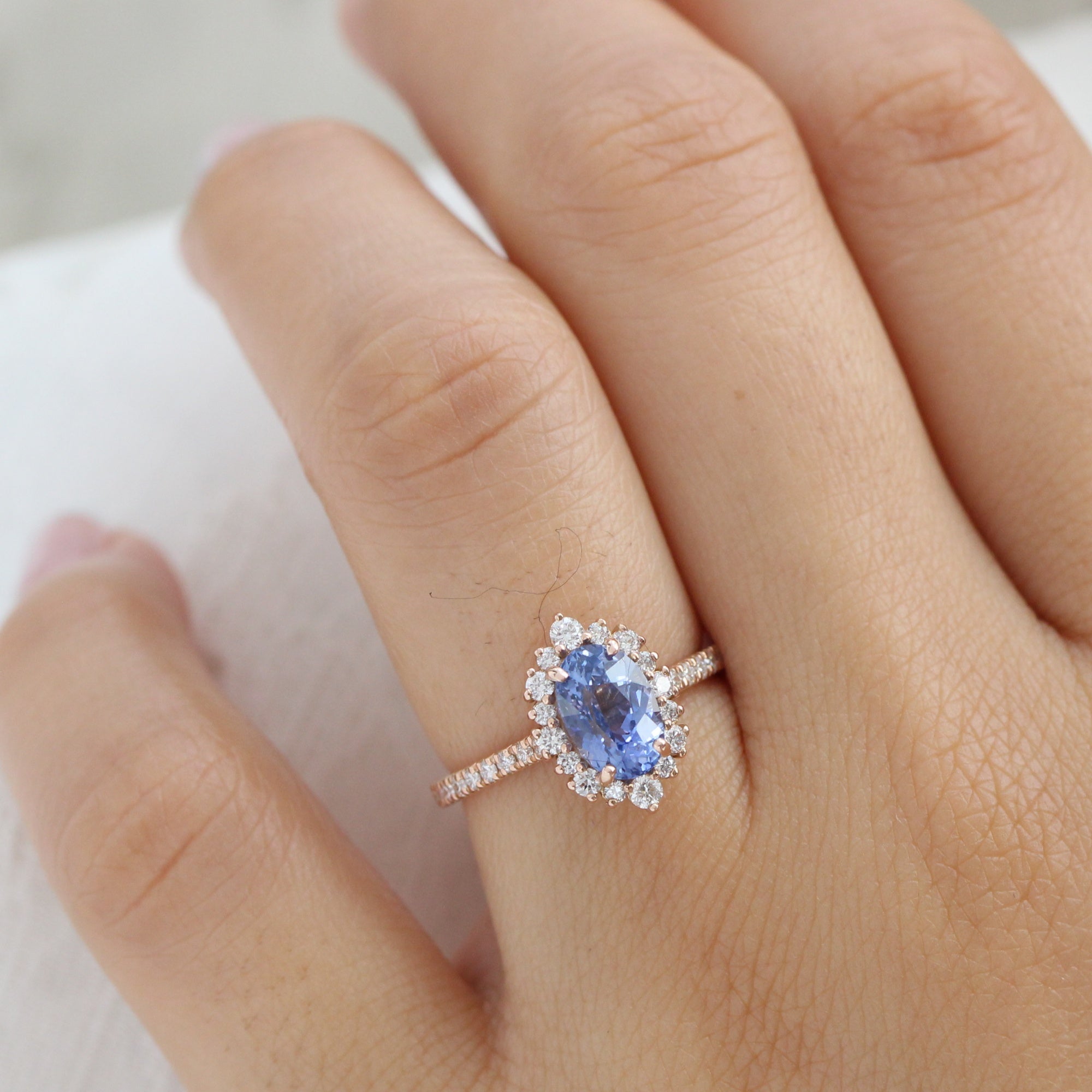 oval ceylon sapphire ring rose gold halo diamond engagement ring la more design jewelry