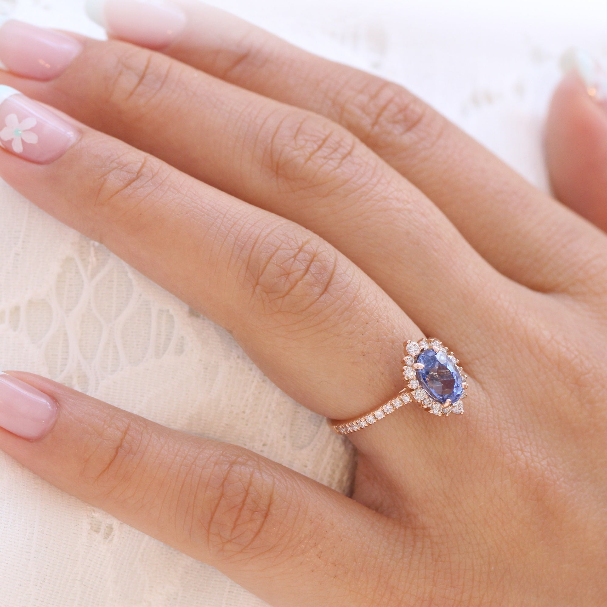 oval ceylon sapphire ring rose gold halo diamond engagement ring la more design jewelry