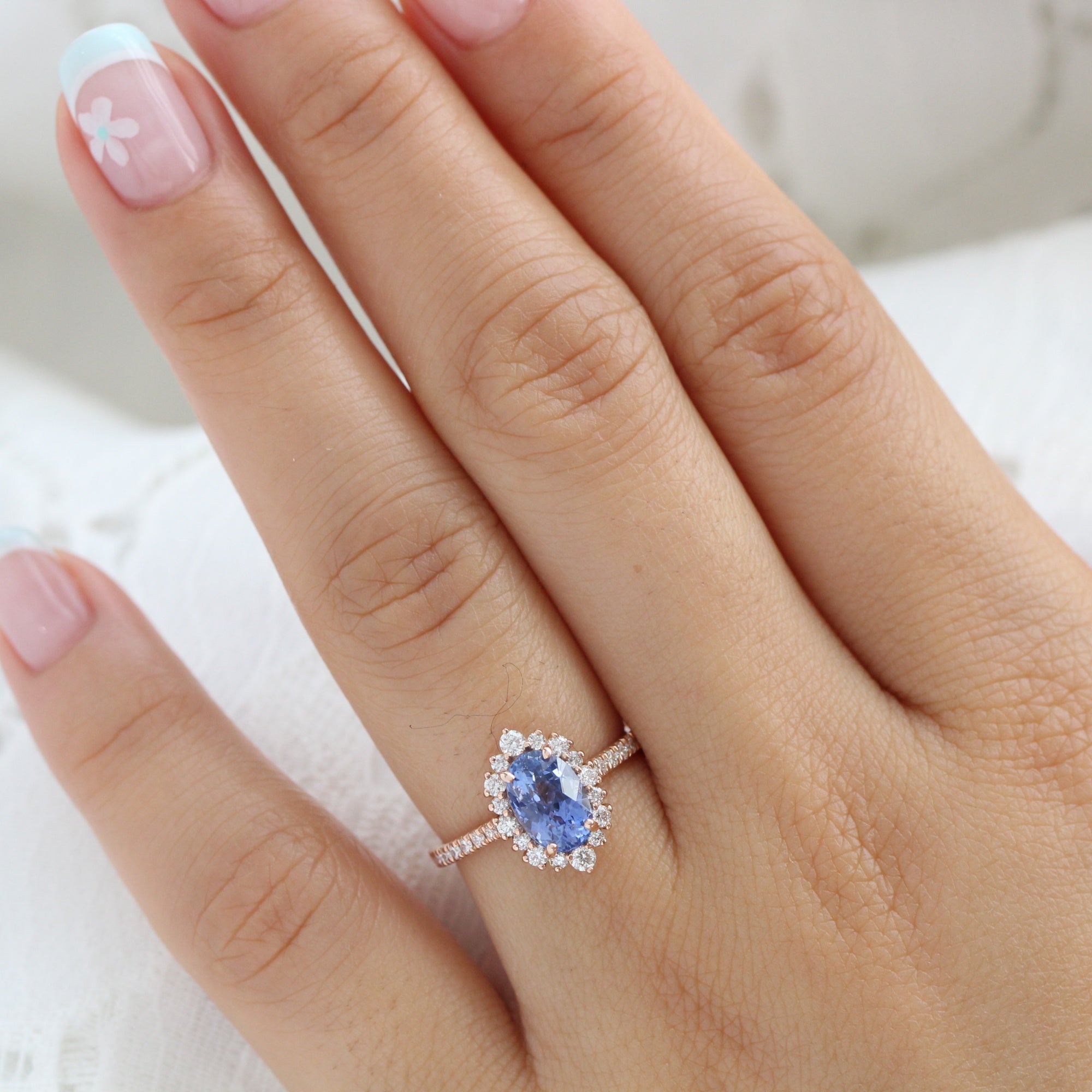 oval ceylon sapphire ring rose gold halo diamond engagement ring la more design jewelry