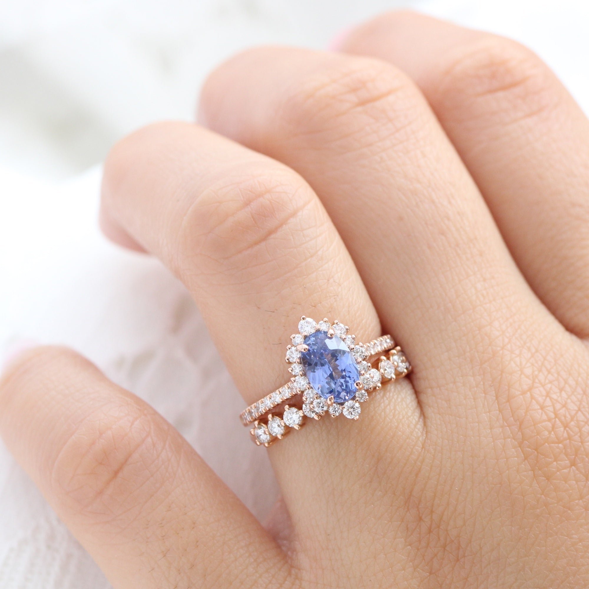 oval ceylon sapphire ring rose gold halo diamond engagement ring la more design jewelry