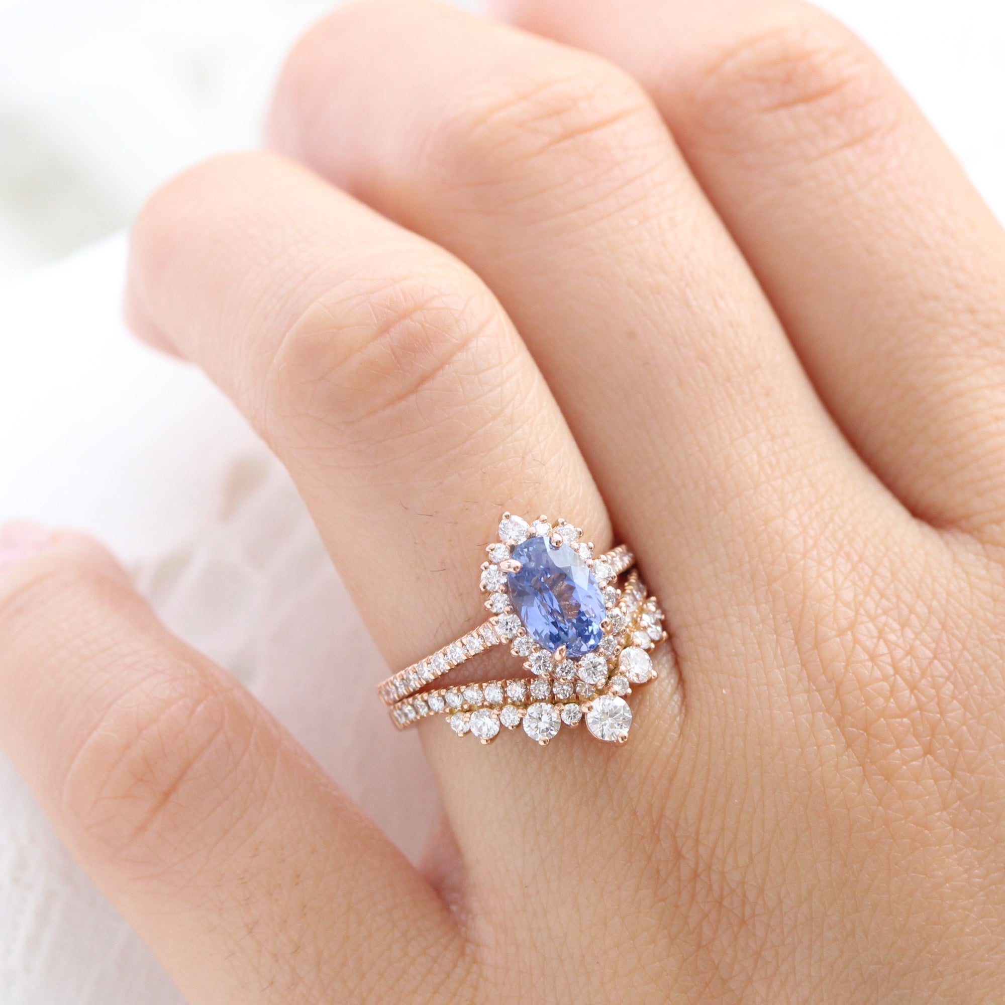 oval ceylon sapphire ring rose gold halo diamond engagement ring la more design jewelry