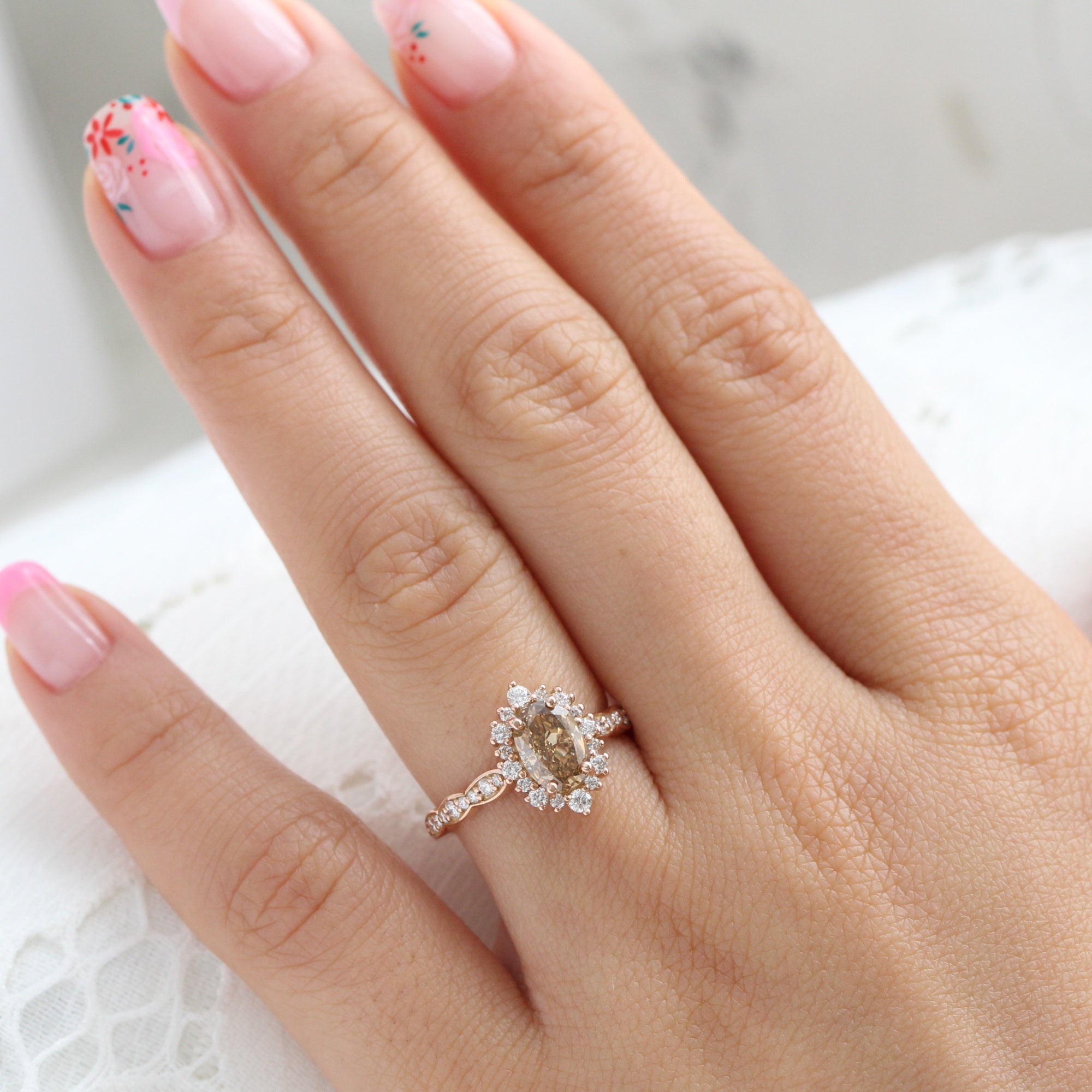 Natural Champagne Diamond Ring Rose Gold Halo Diamond Oval Ring