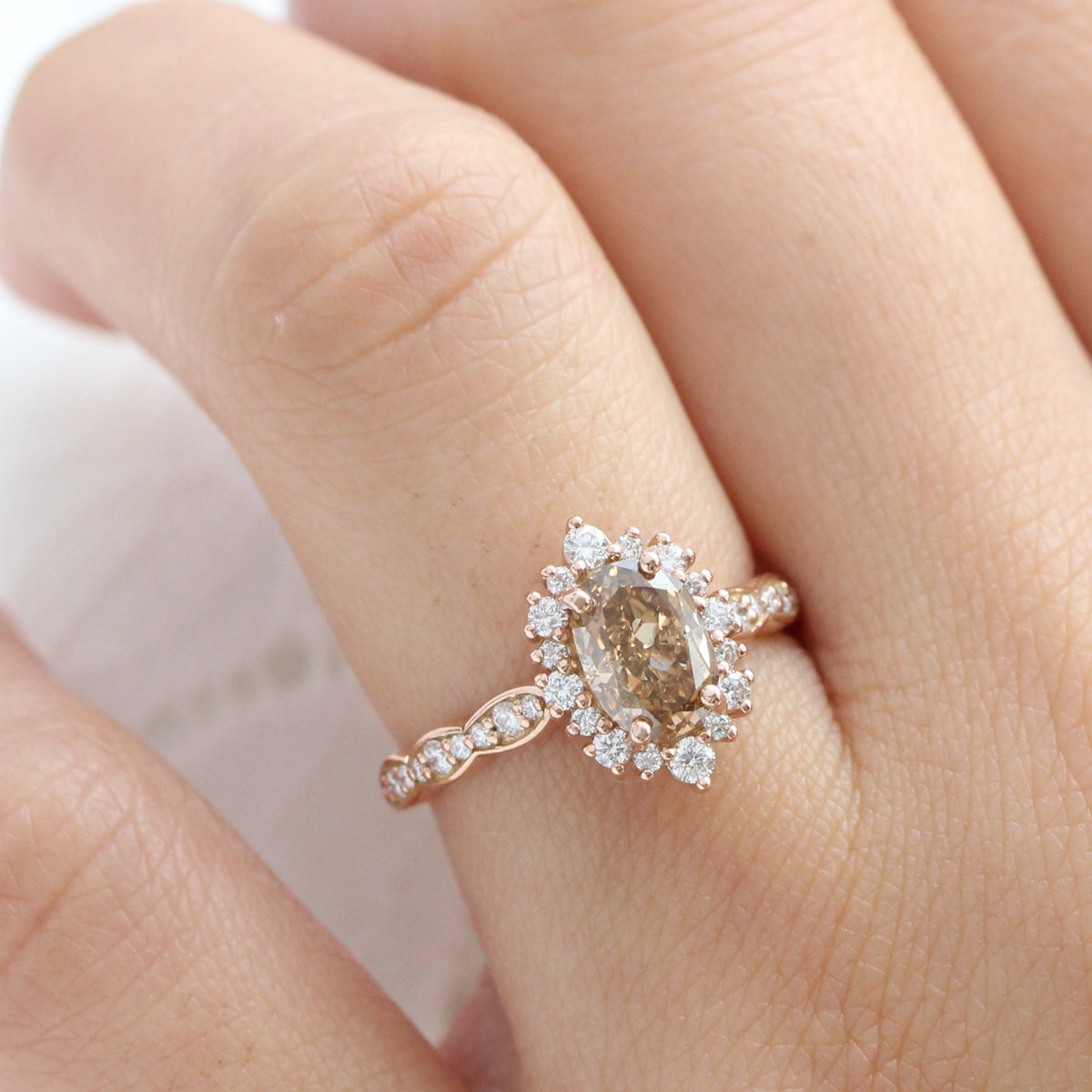 oval champagne diamond ring rose gold halo engagement ring la more design jewelry