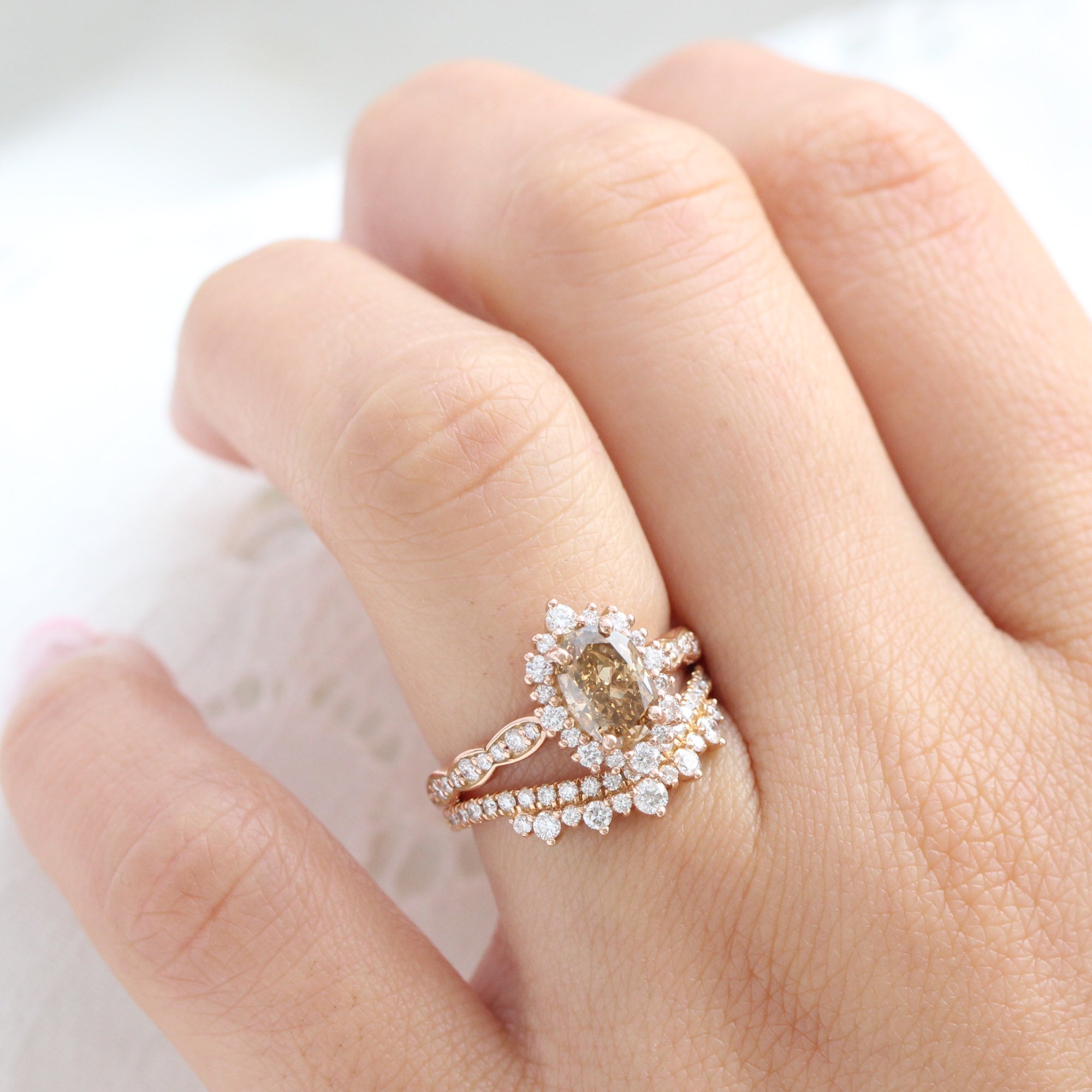 Natural Champagne Diamond Ring Rose Gold Halo Diamond Oval Ring
