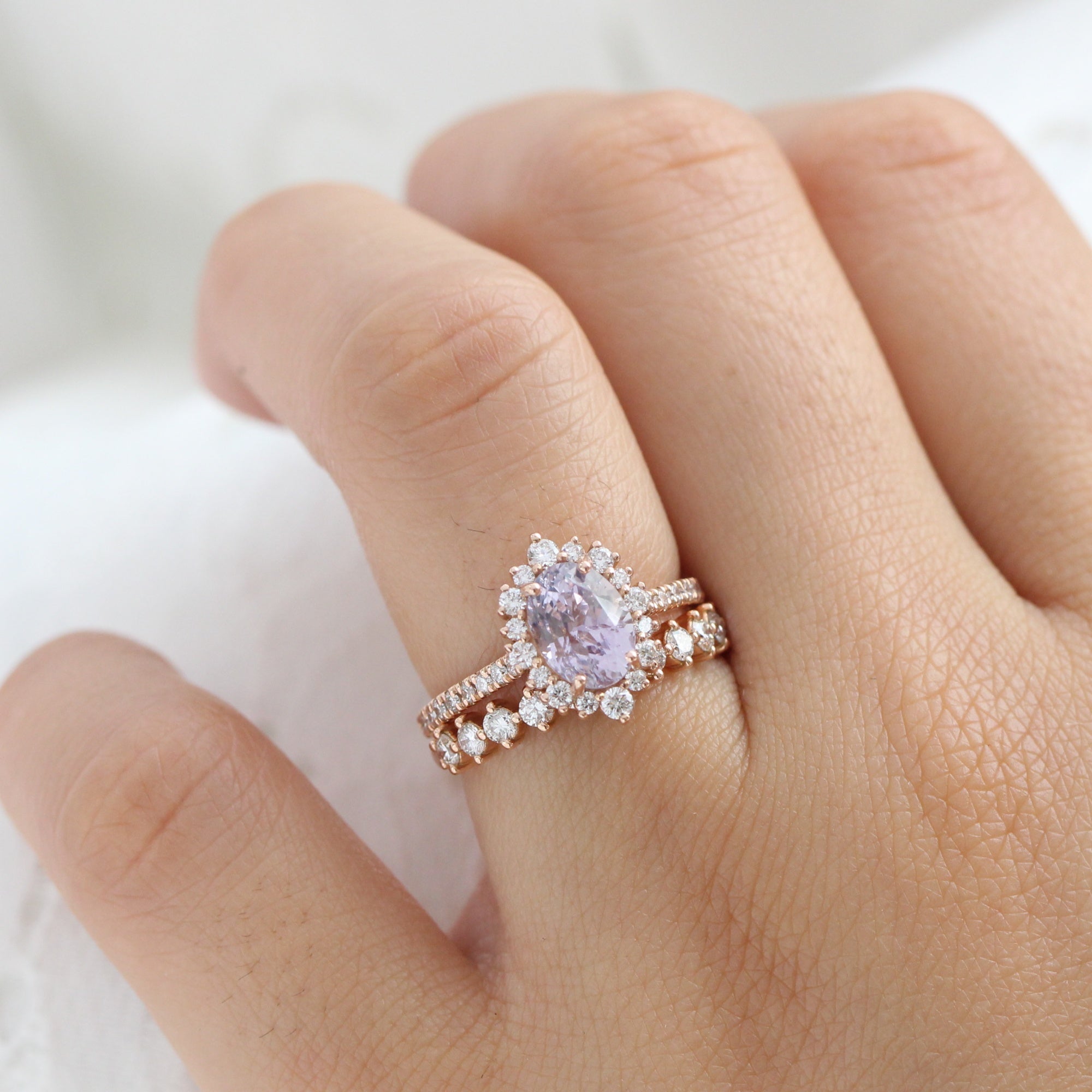 oval lavender sapphire ring rose gold halo diamond ring pave diamond band la more design jewelry