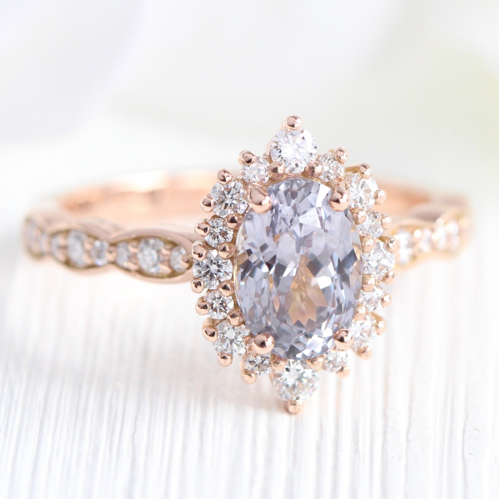 oval lavender sapphire ring rose gold halo diamond ring scalloped diamond band la more design jewelry